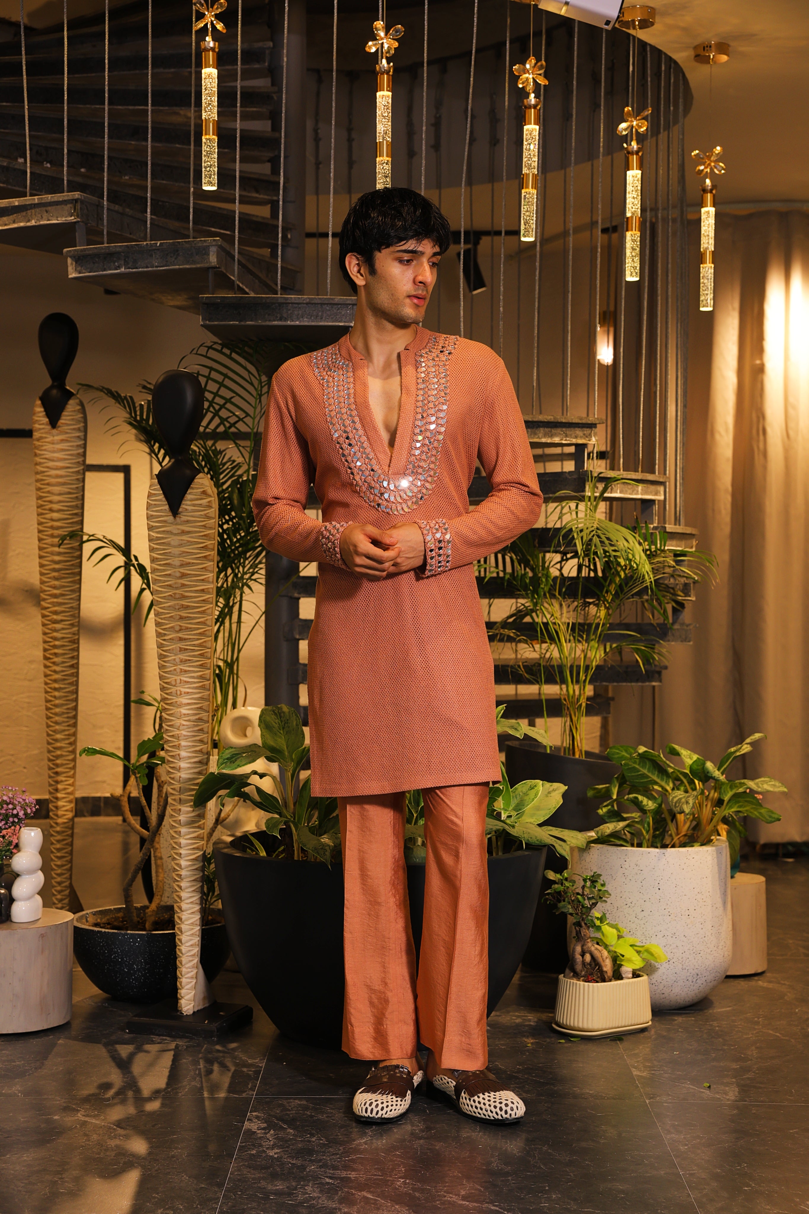 Rust crochet mirror work kurta set