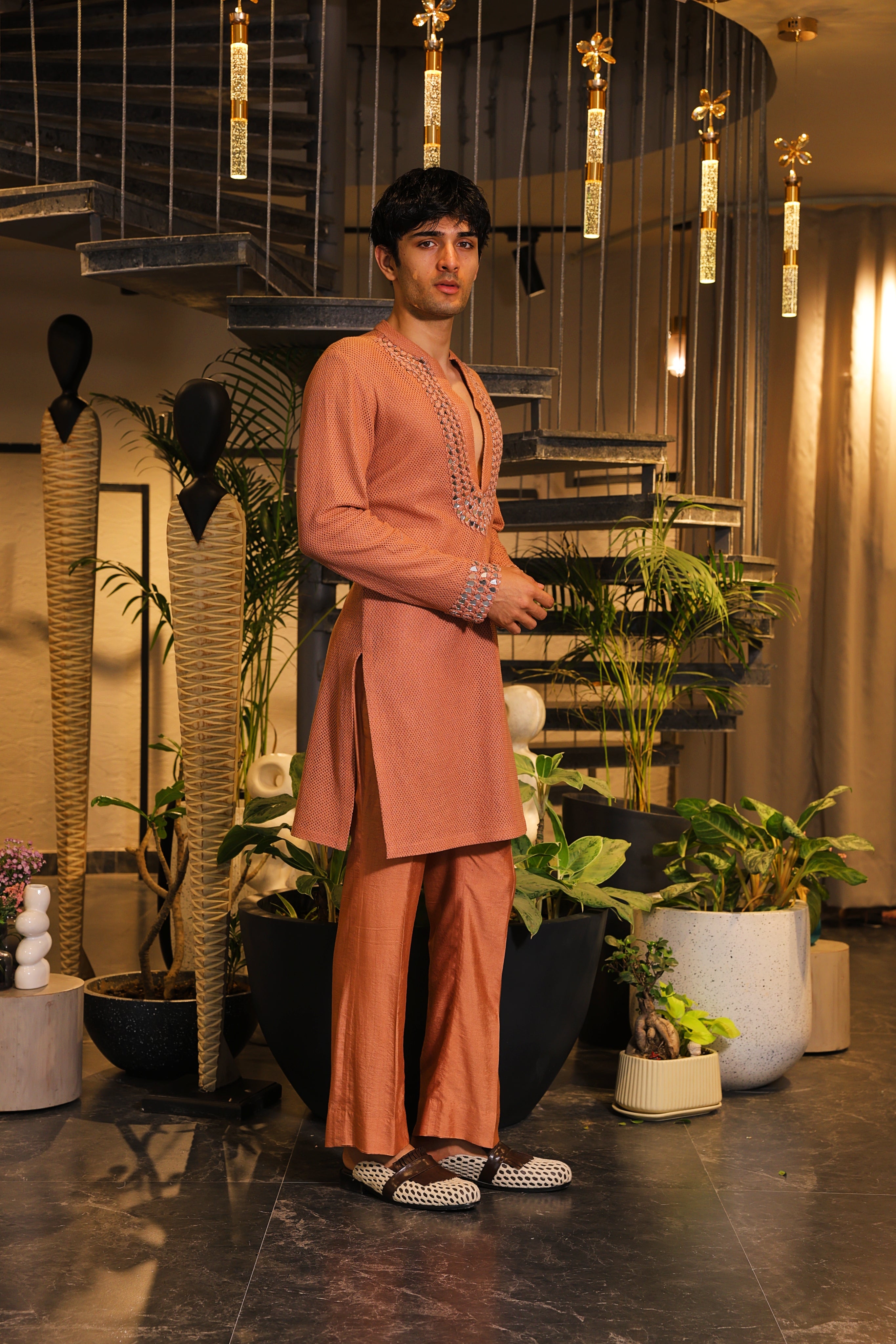 Rust crochet mirror work kurta set