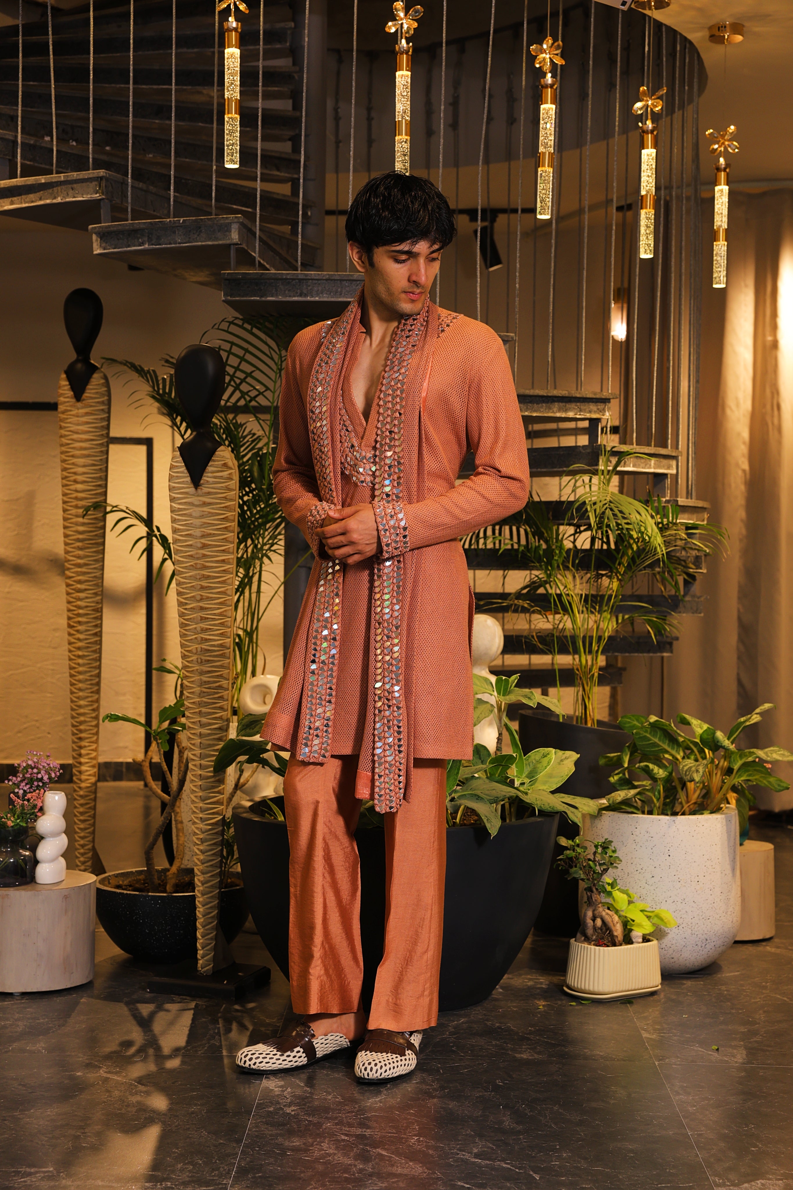 Rust crochet mirror work kurta set