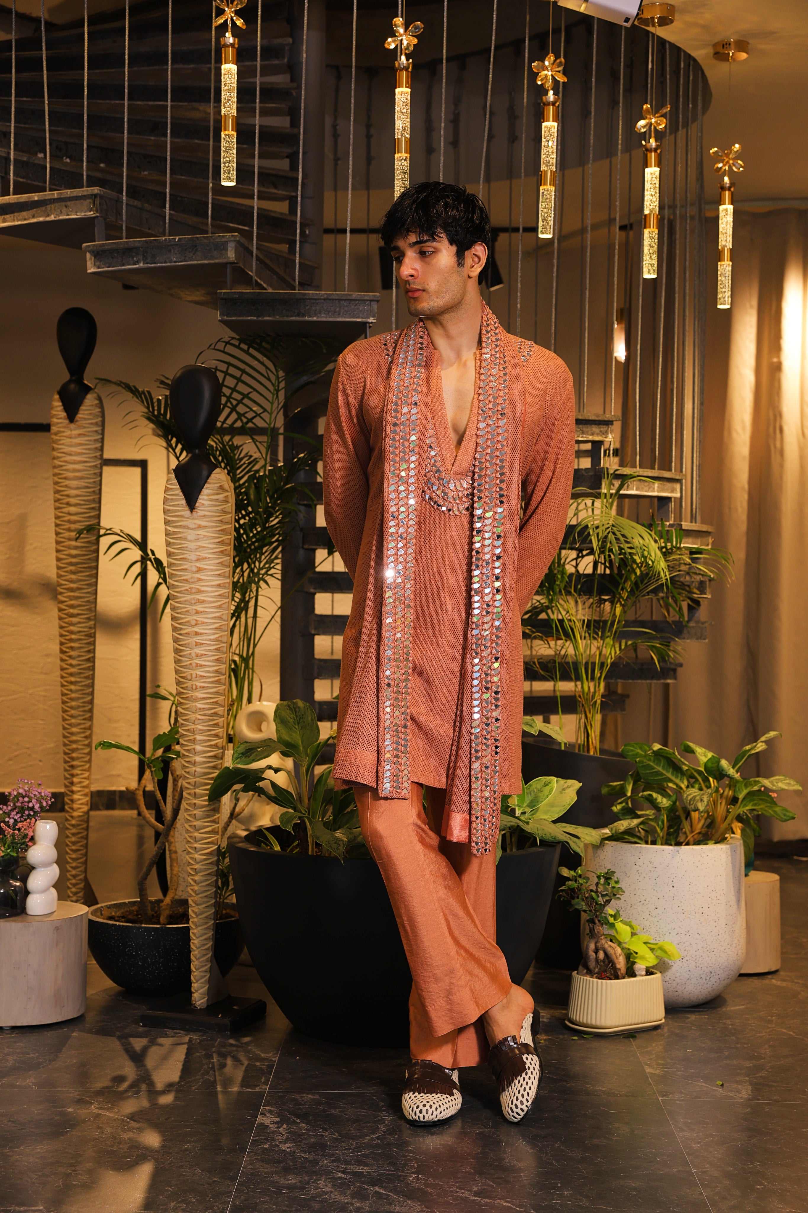 Rust crochet mirror work kurta set