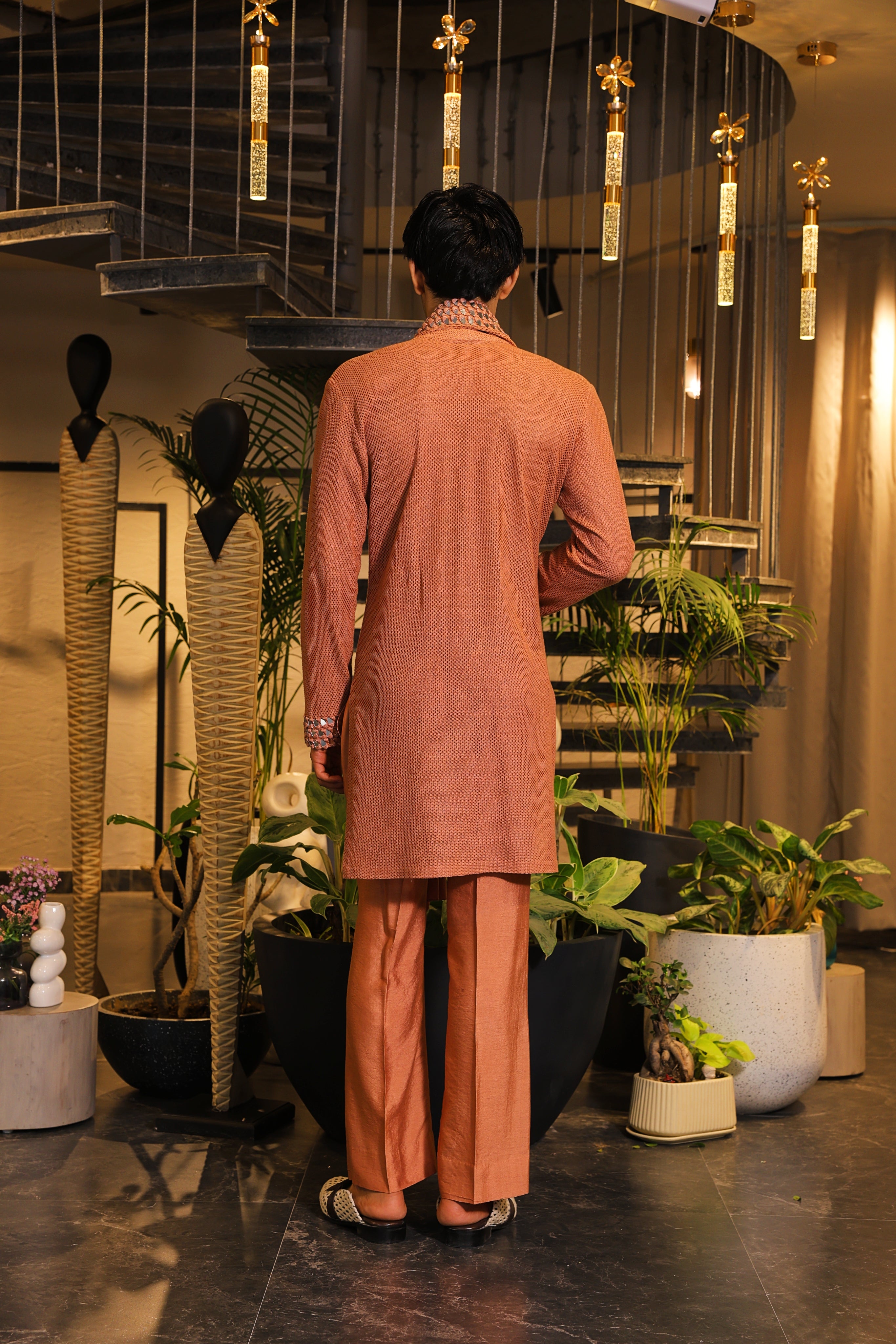 Rust crochet mirror work kurta set