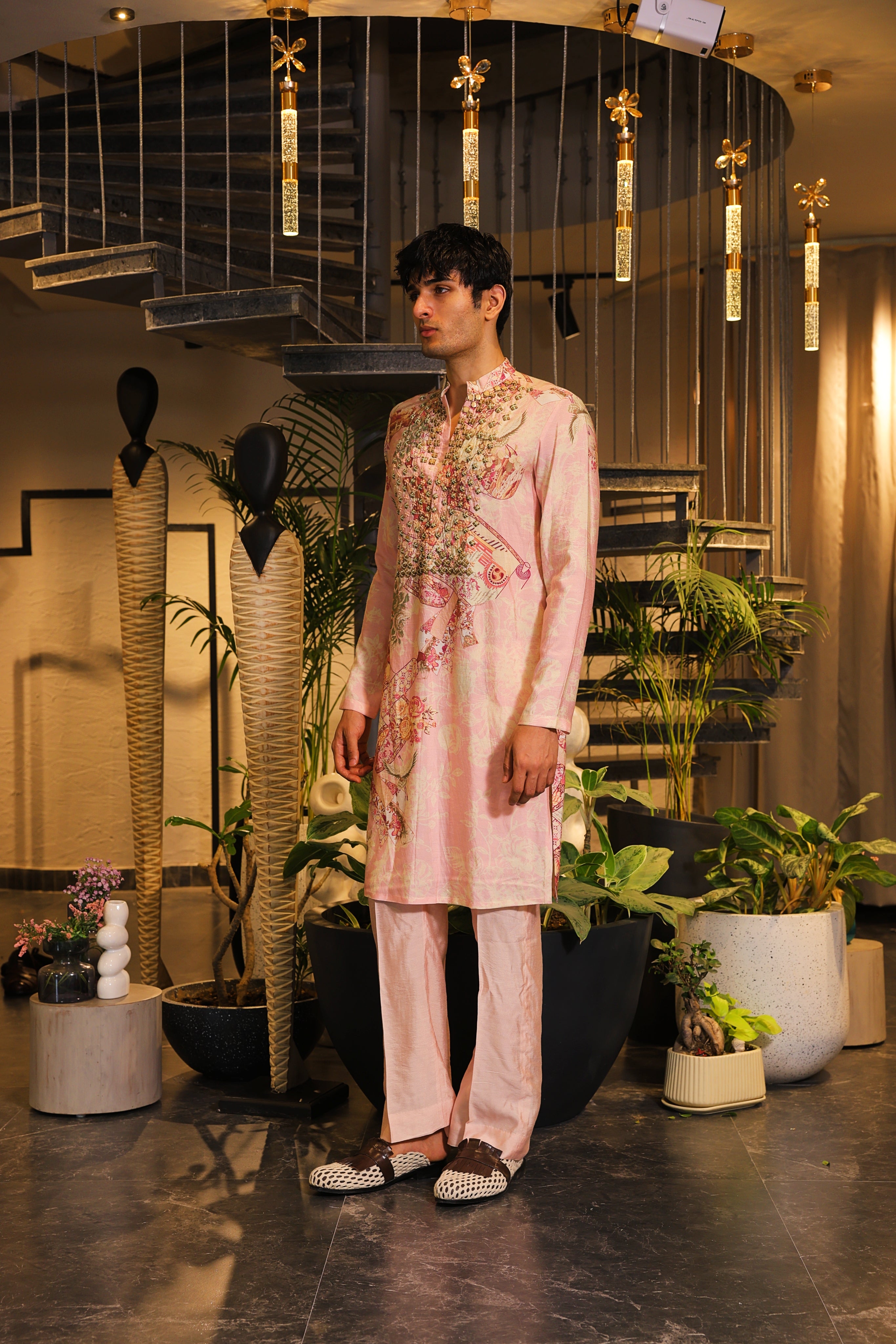 coral pink printed kurta set