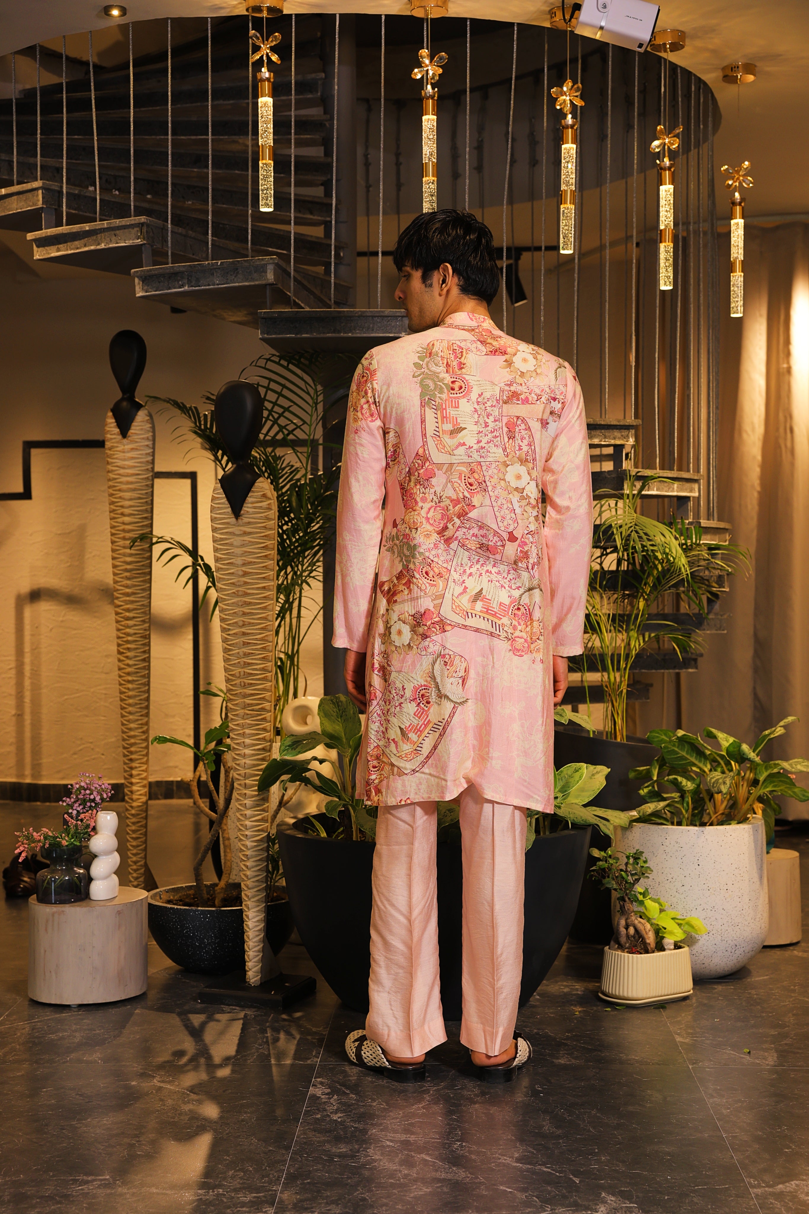 coral pink printed kurta set