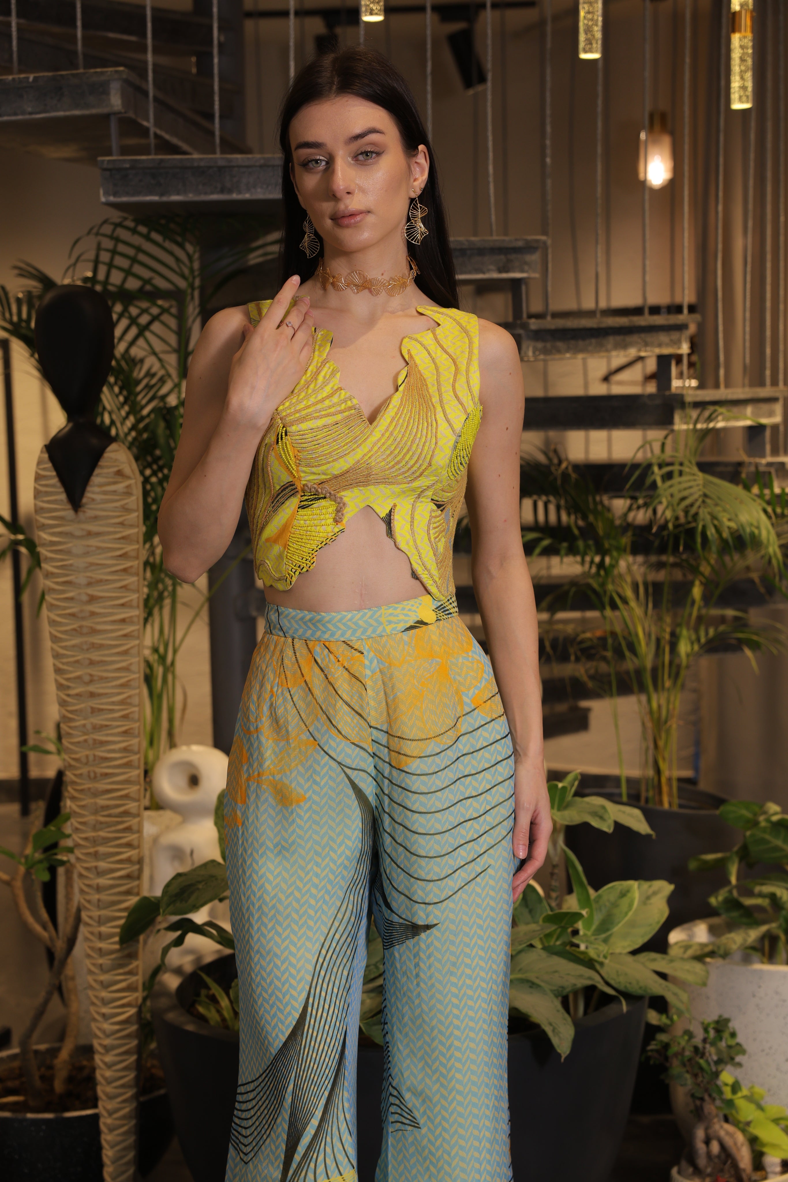 sky and lemon ethnosplash palazzo pants co-ord set