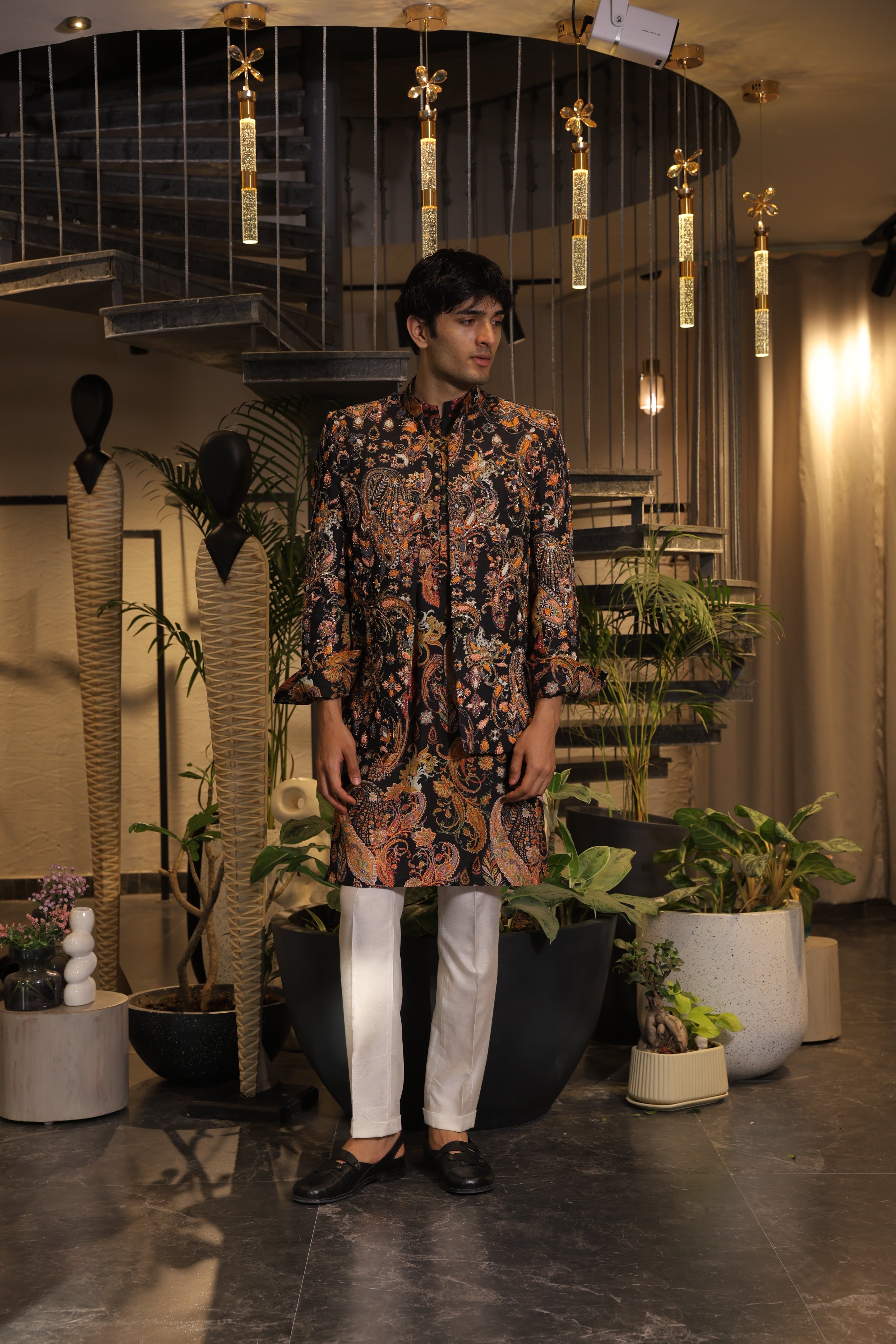 Black multi-coloured print embroidered band gala jacket with kurta and pants