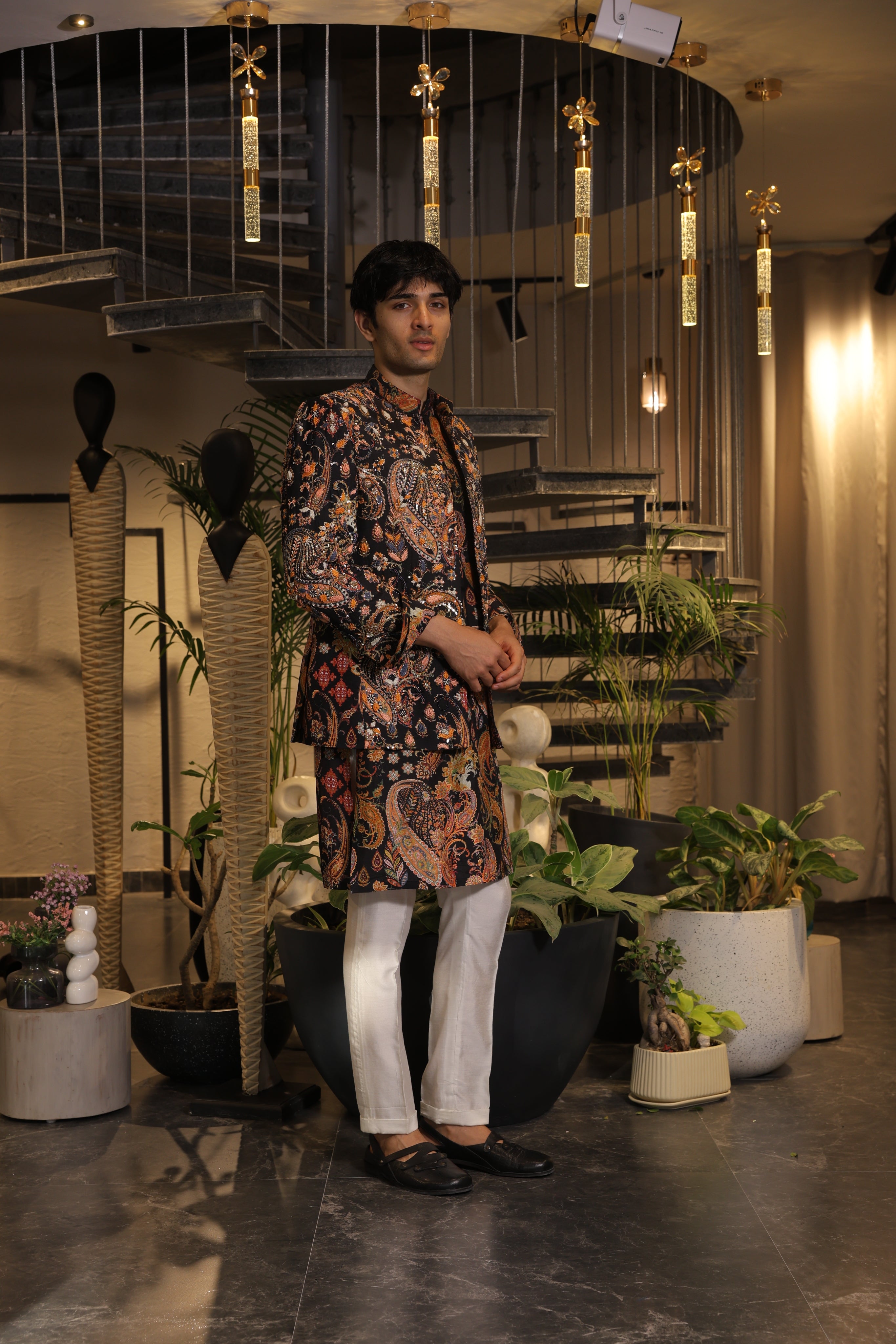 Black multi-coloured print embroidered band gala jacket with kurta and pants