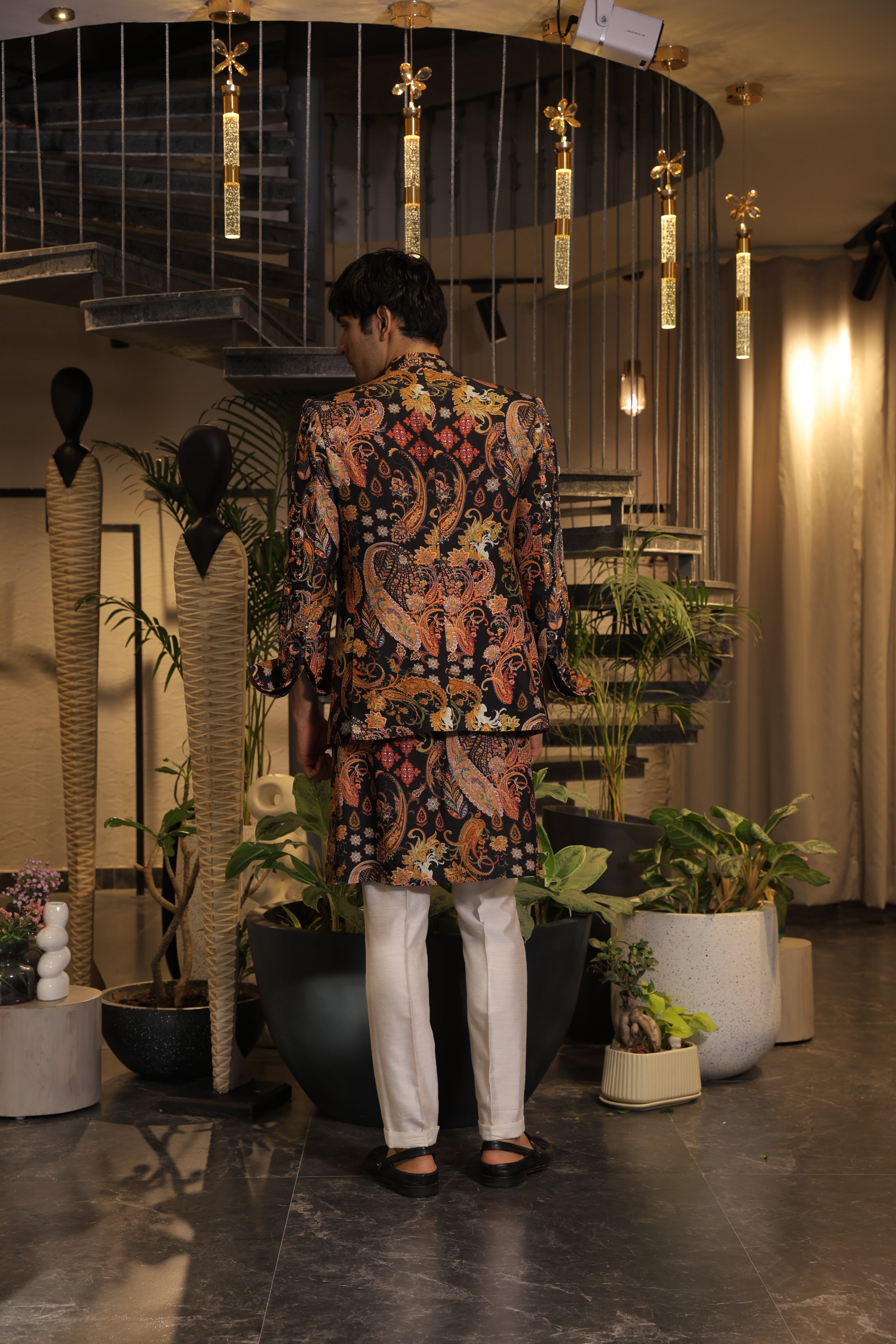 Black multi-coloured print embroidered band gala jacket with kurta and pants