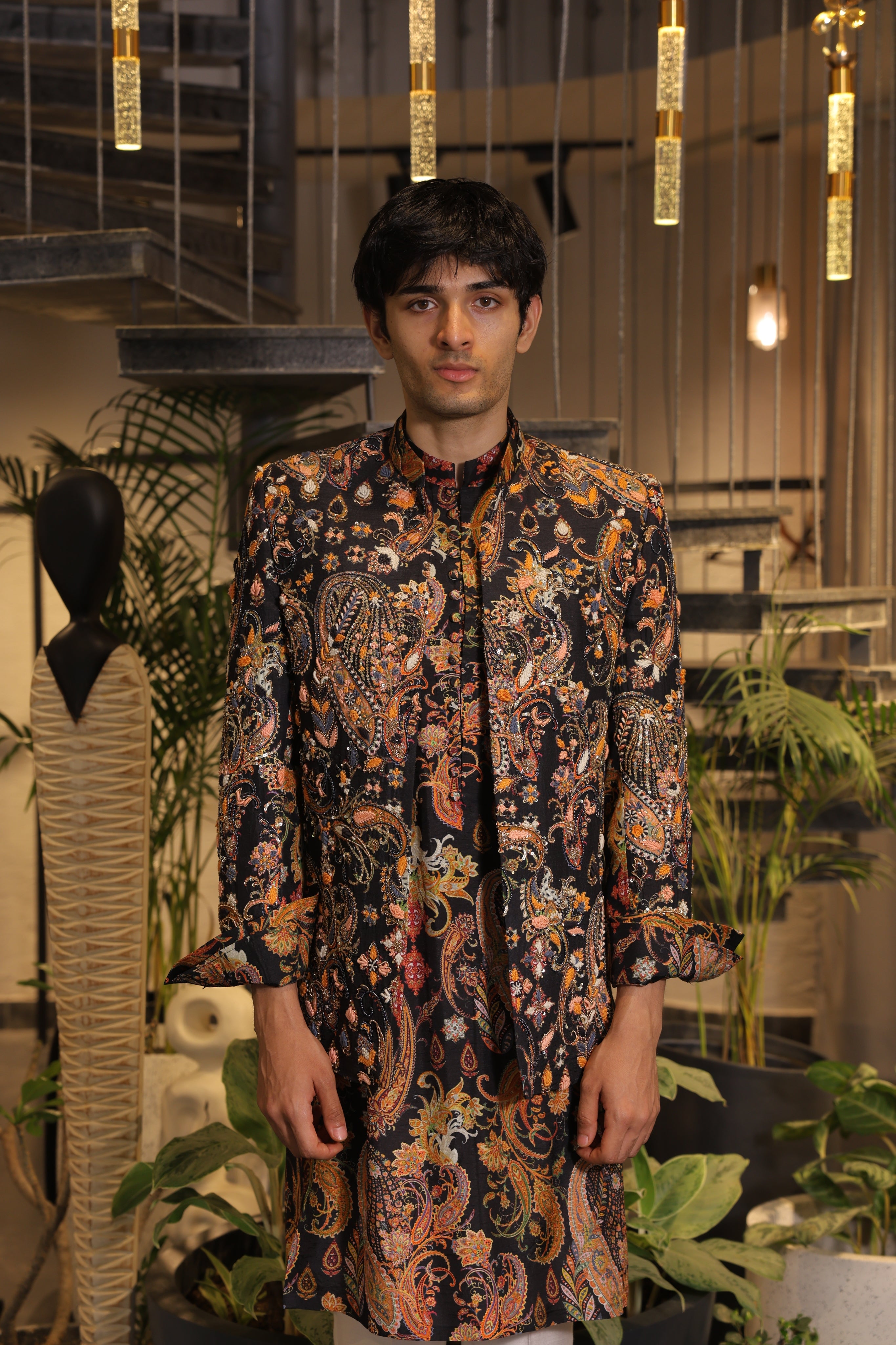 Black multi-coloured print embroidered band gala jacket with kurta and pants