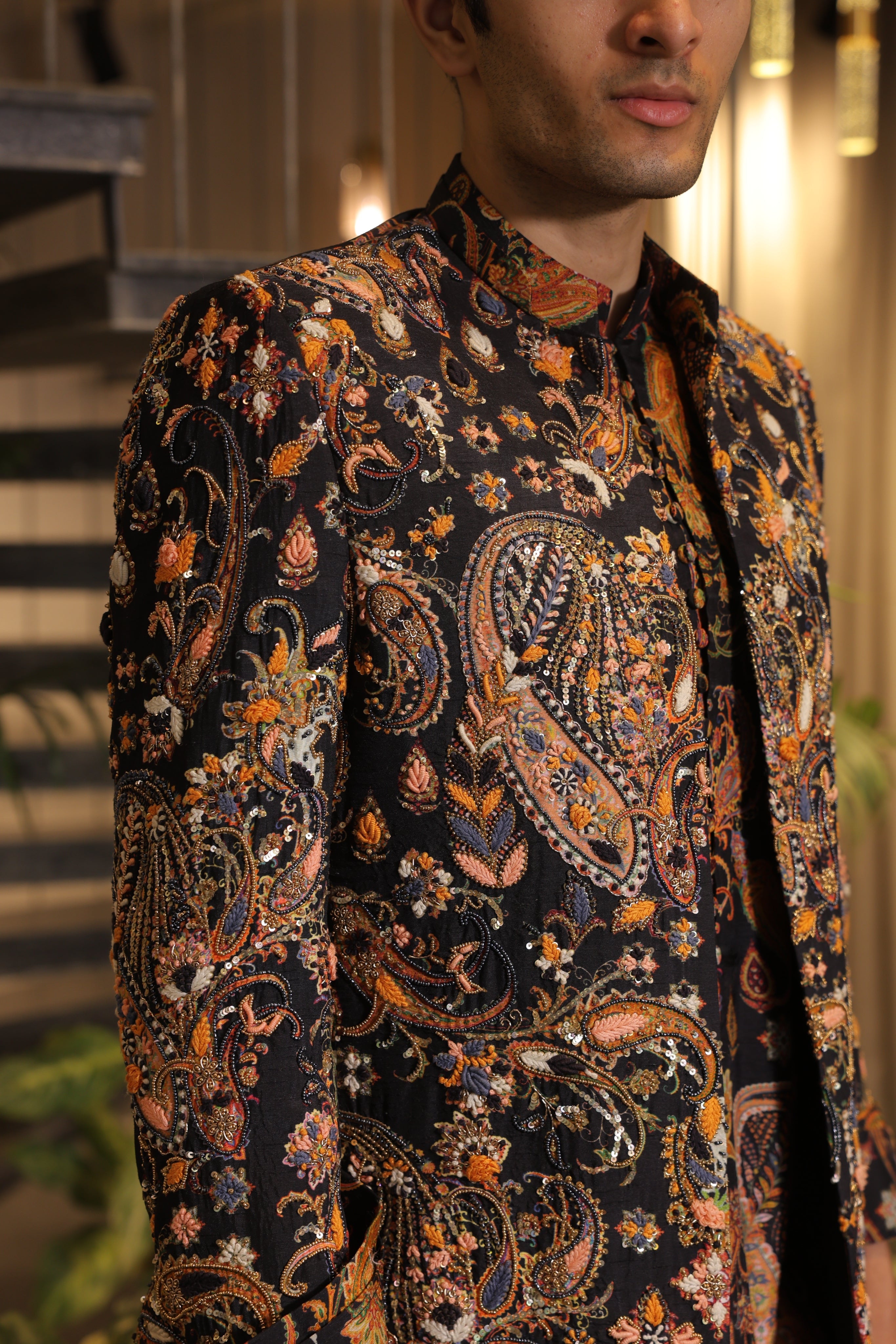 Black multi-coloured print embroidered band gala jacket with kurta and pants