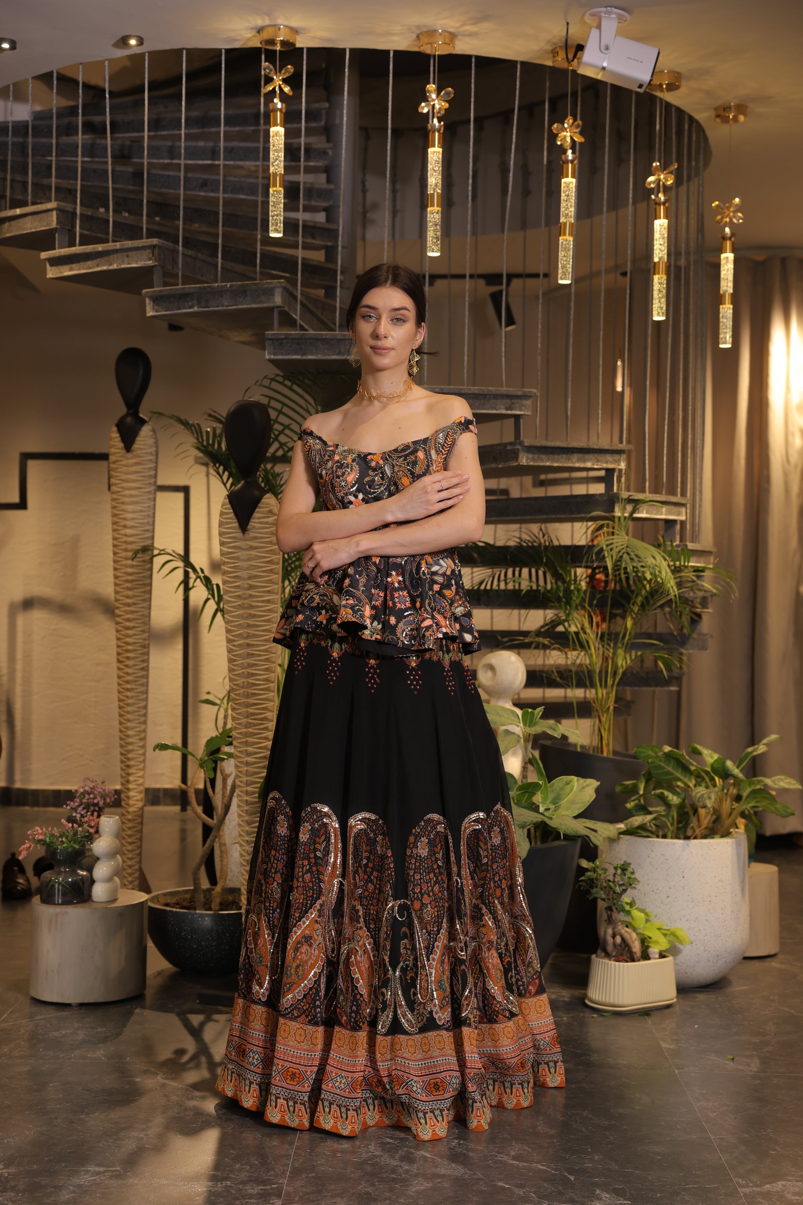 Black multi-coloured print embroidered lehenga set with off-shoulder peplum bodice