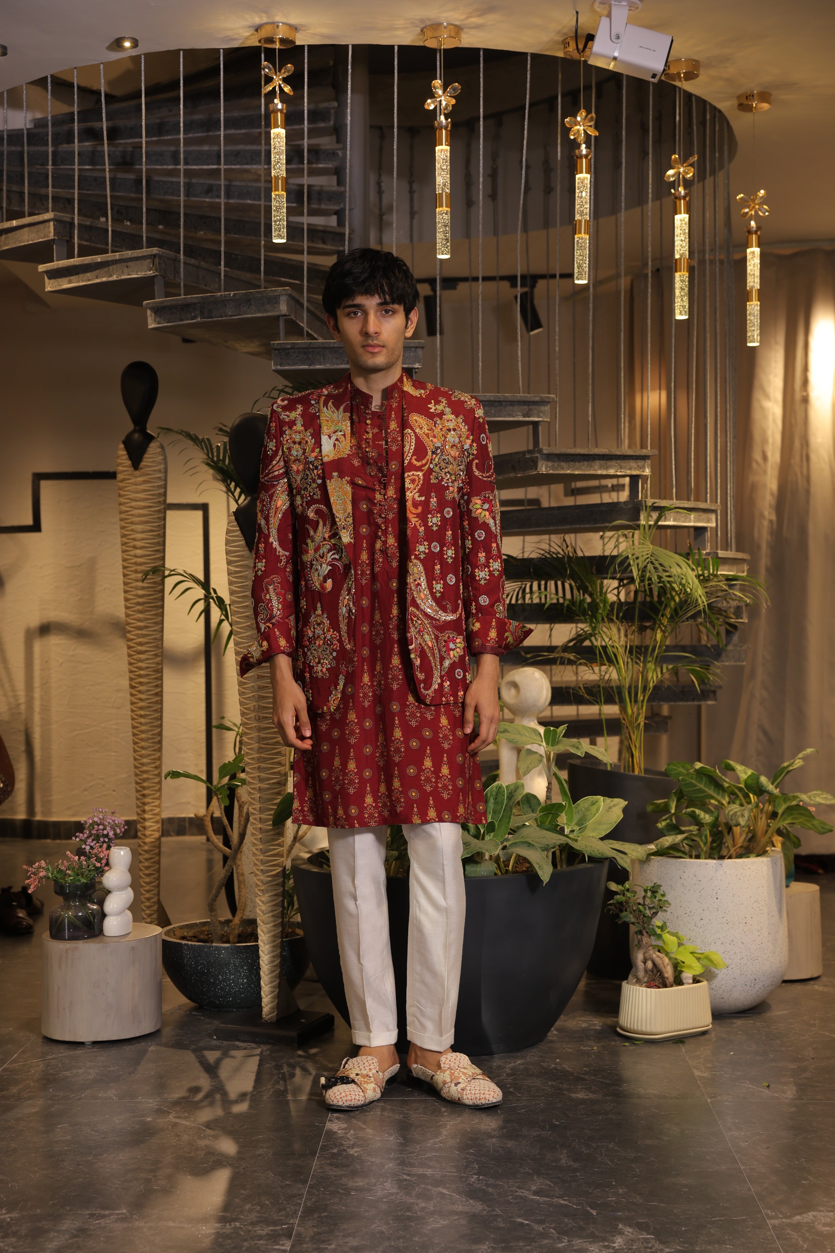Dark vermillion print embroidered blazer set with kurta and pants