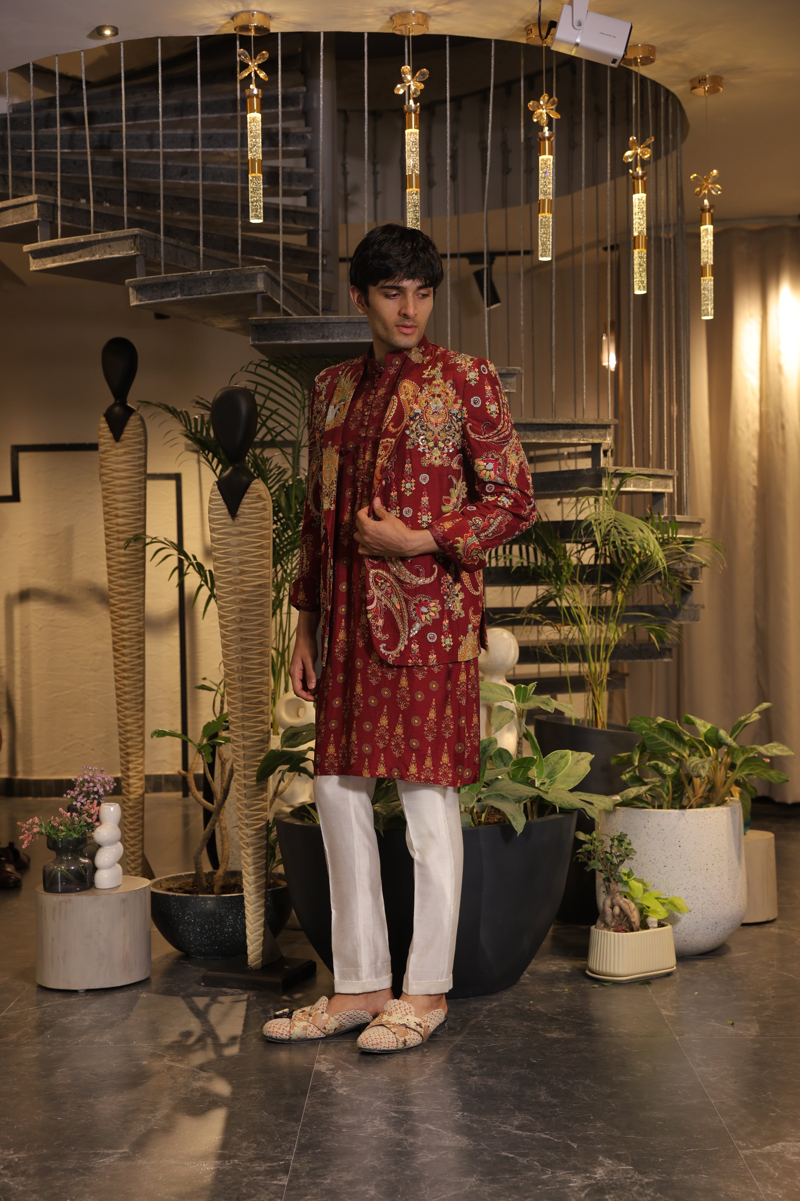 Dark vermillion print embroidered blazer set with kurta and pants