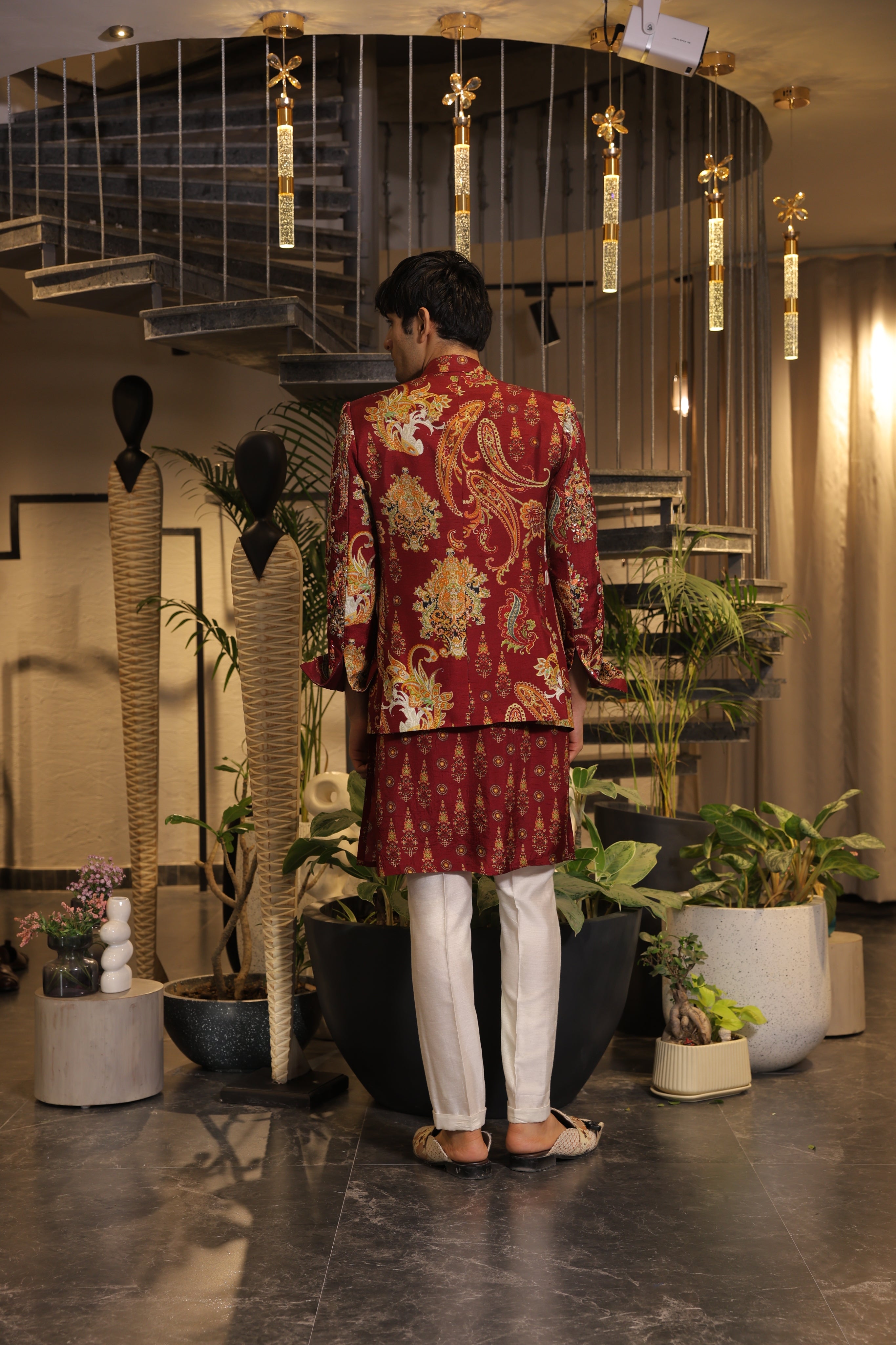 Dark vermillion print embroidered blazer set with kurta and pants