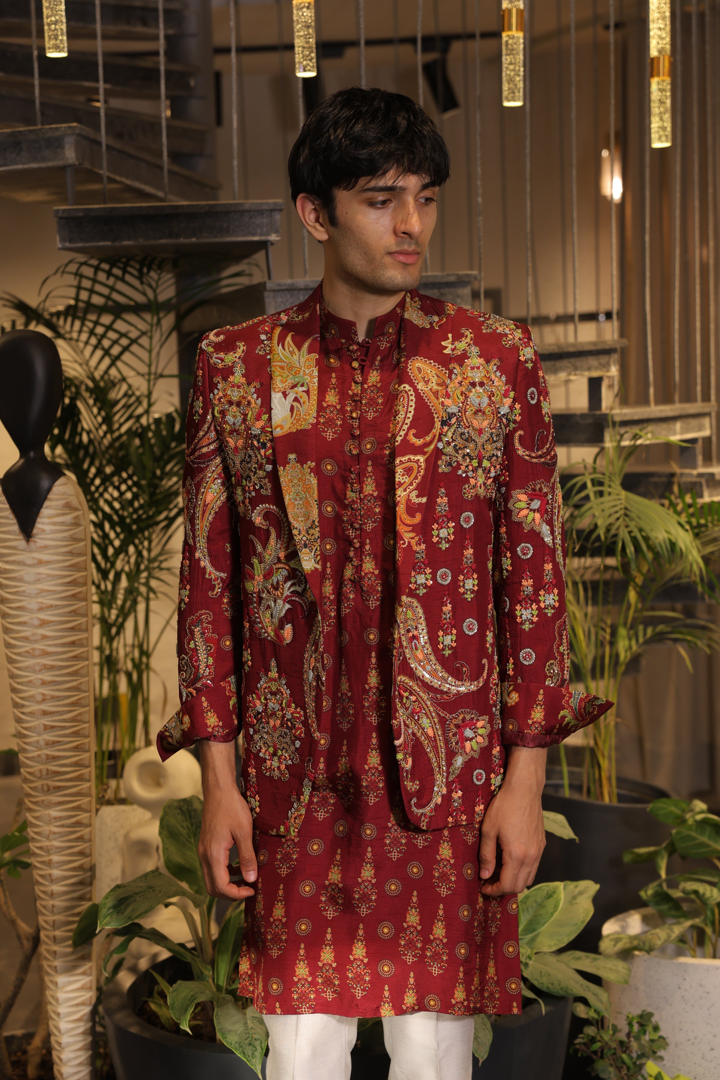 Dark vermillion print embroidered blazer set with kurta and pants