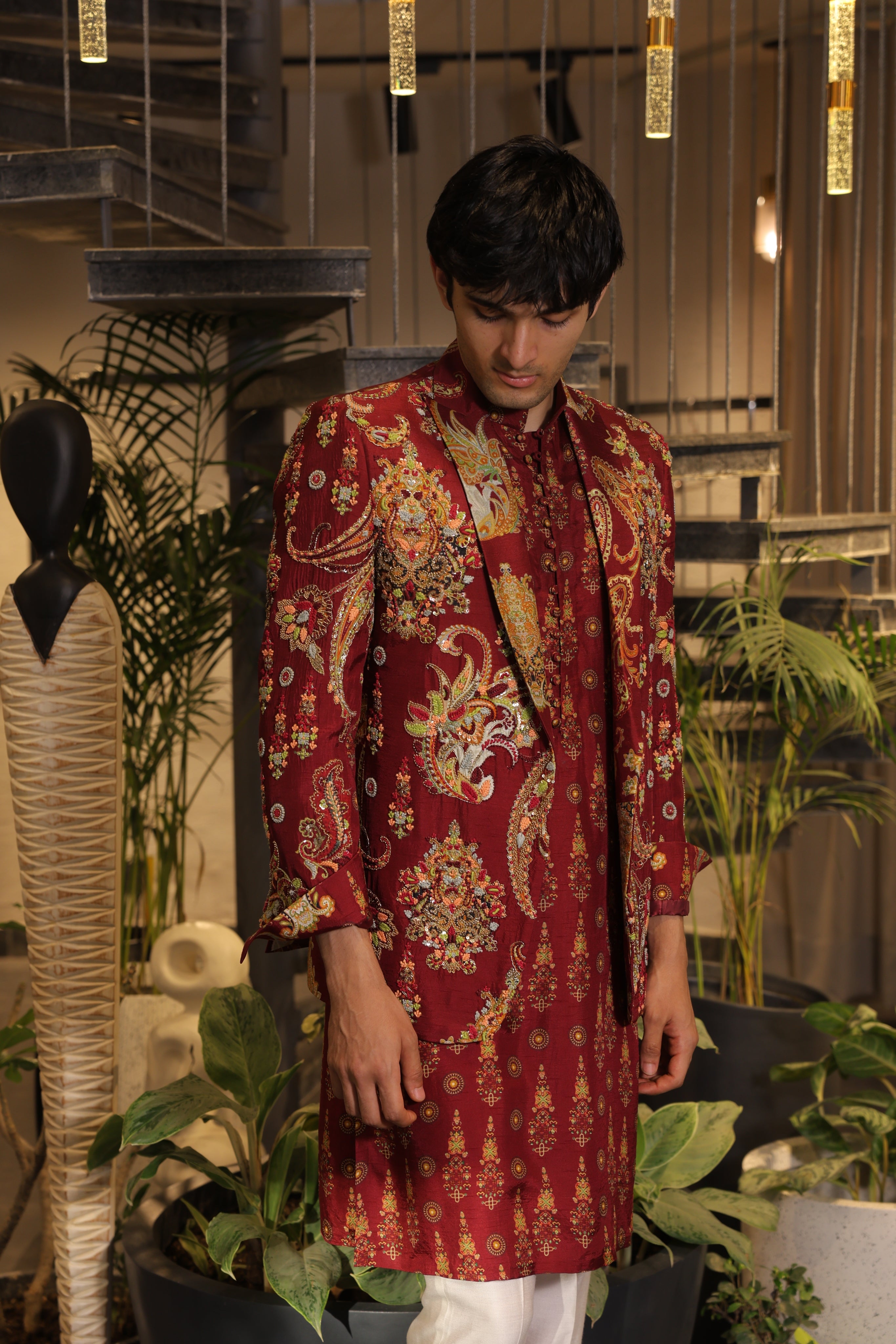 Dark vermillion print embroidered blazer set with kurta and pants