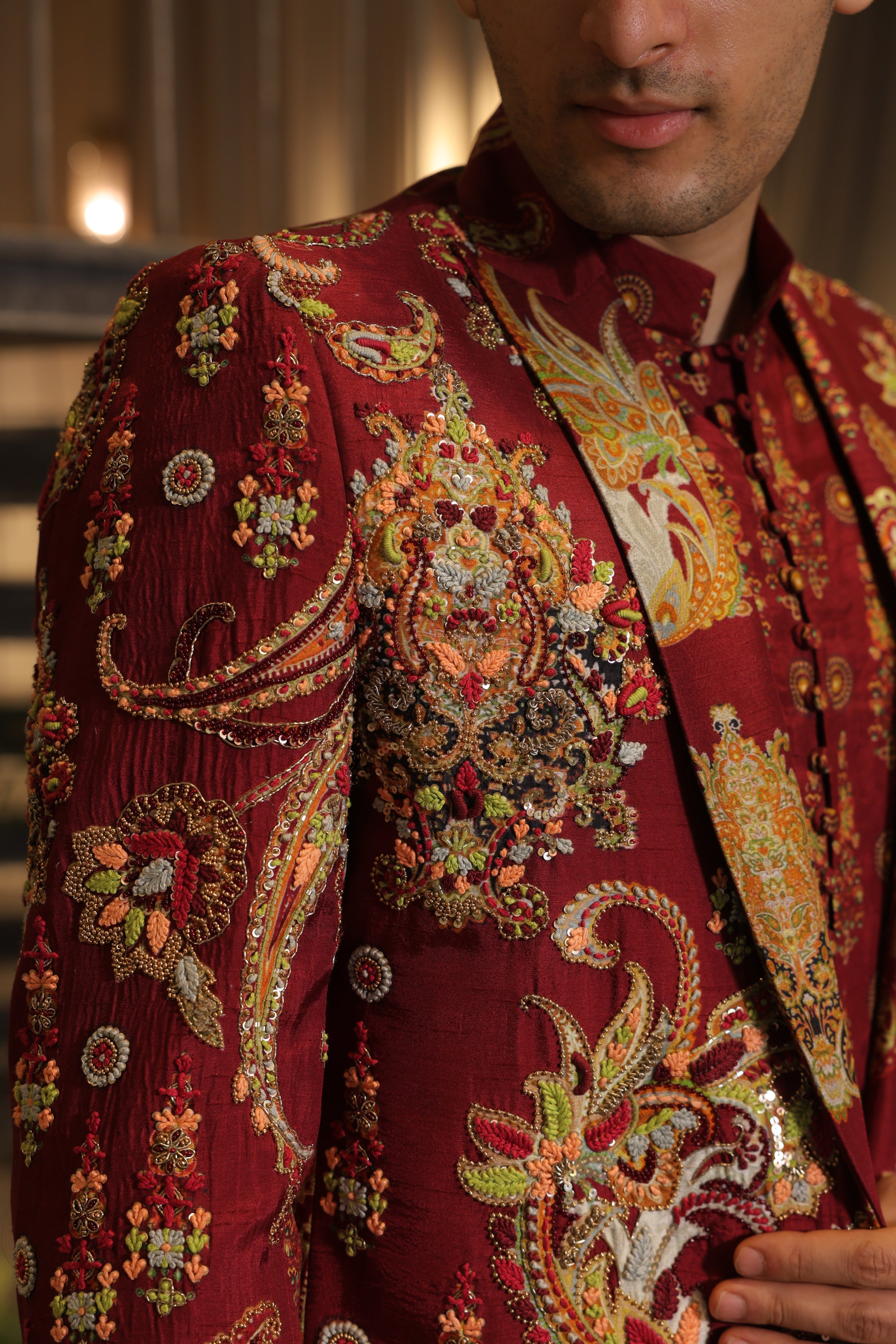 Dark vermillion print embroidered blazer set with kurta and pants