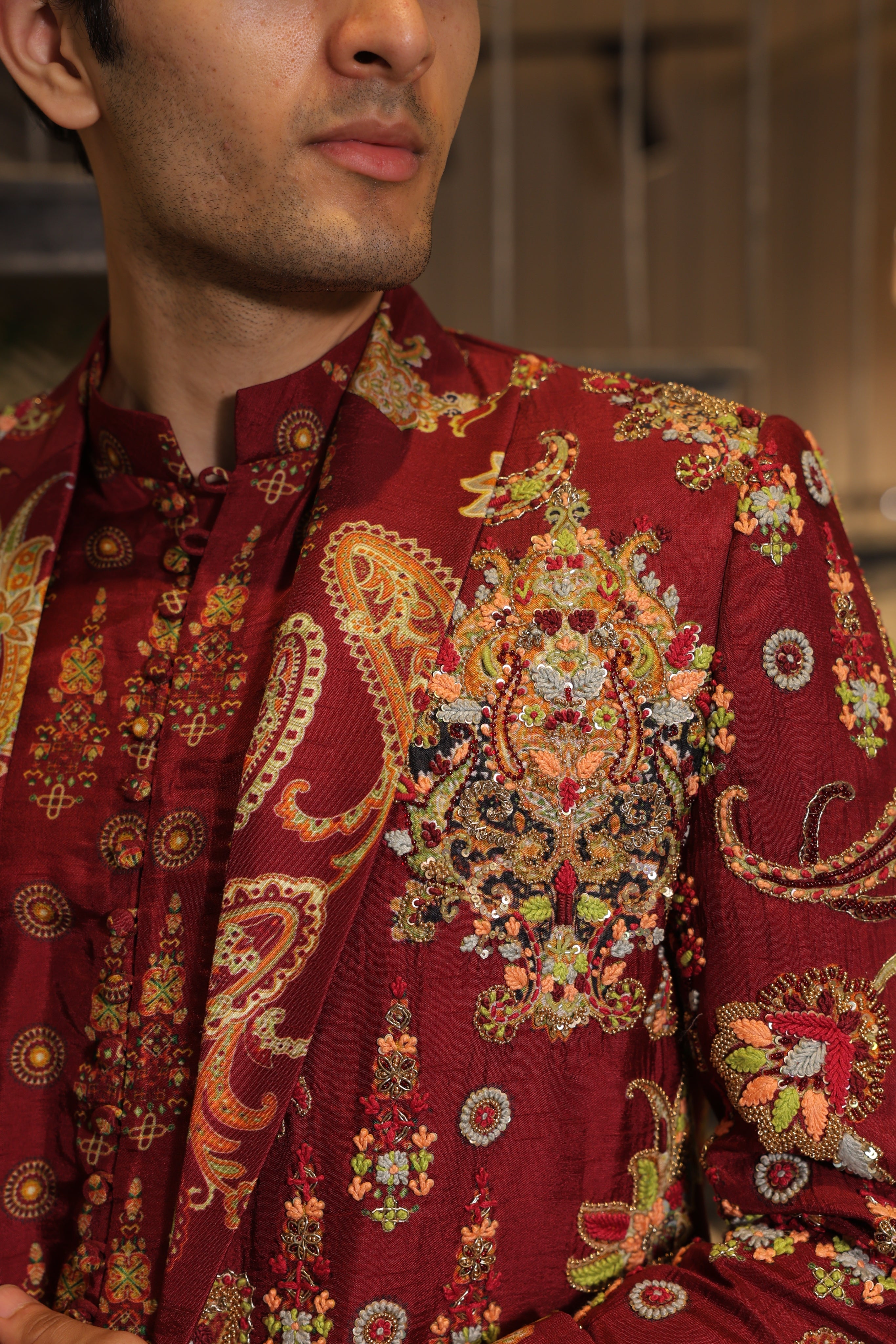 Dark vermillion print embroidered blazer set with kurta and pants