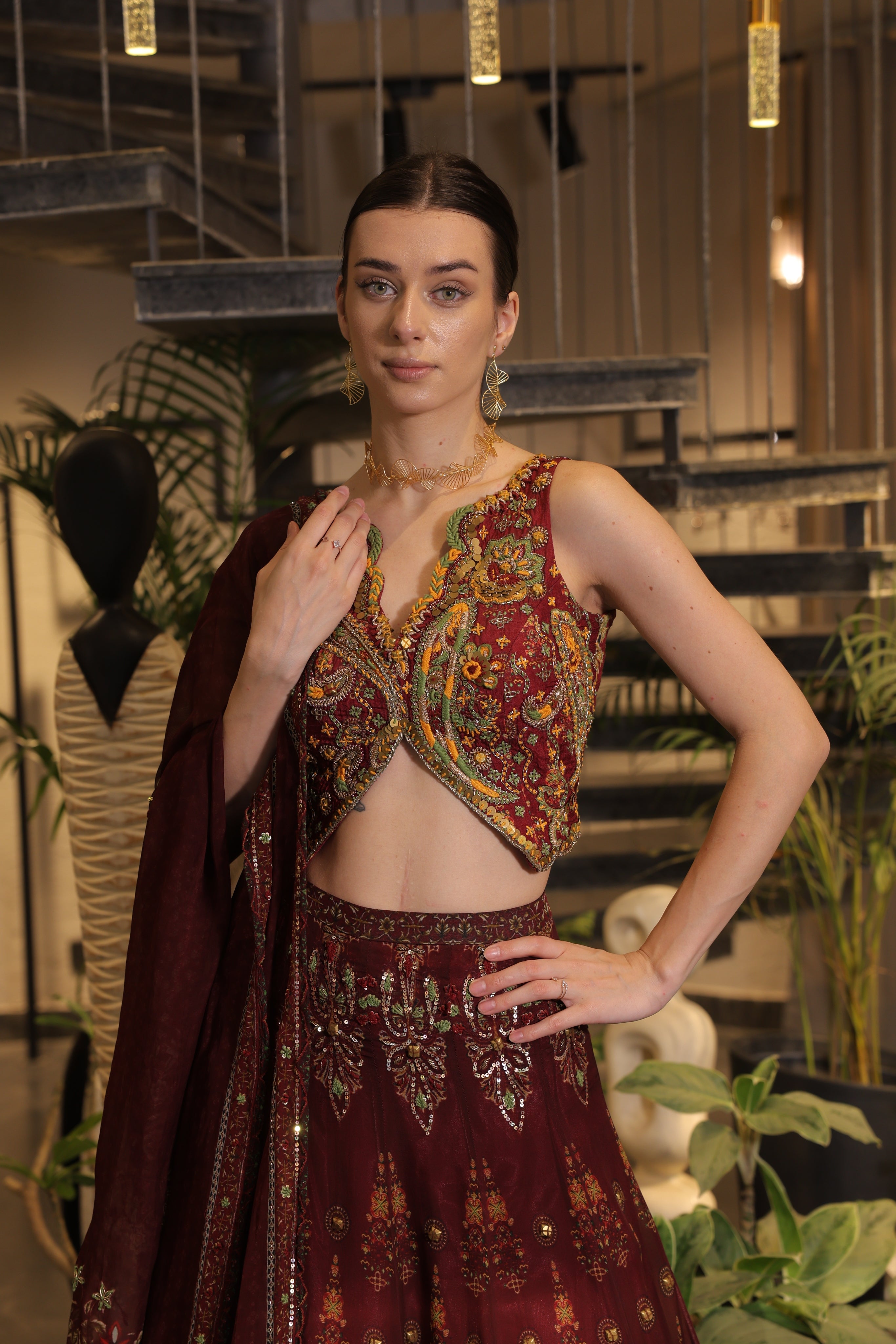 Dark vermillion print embroidered Jhankaar lehenga set