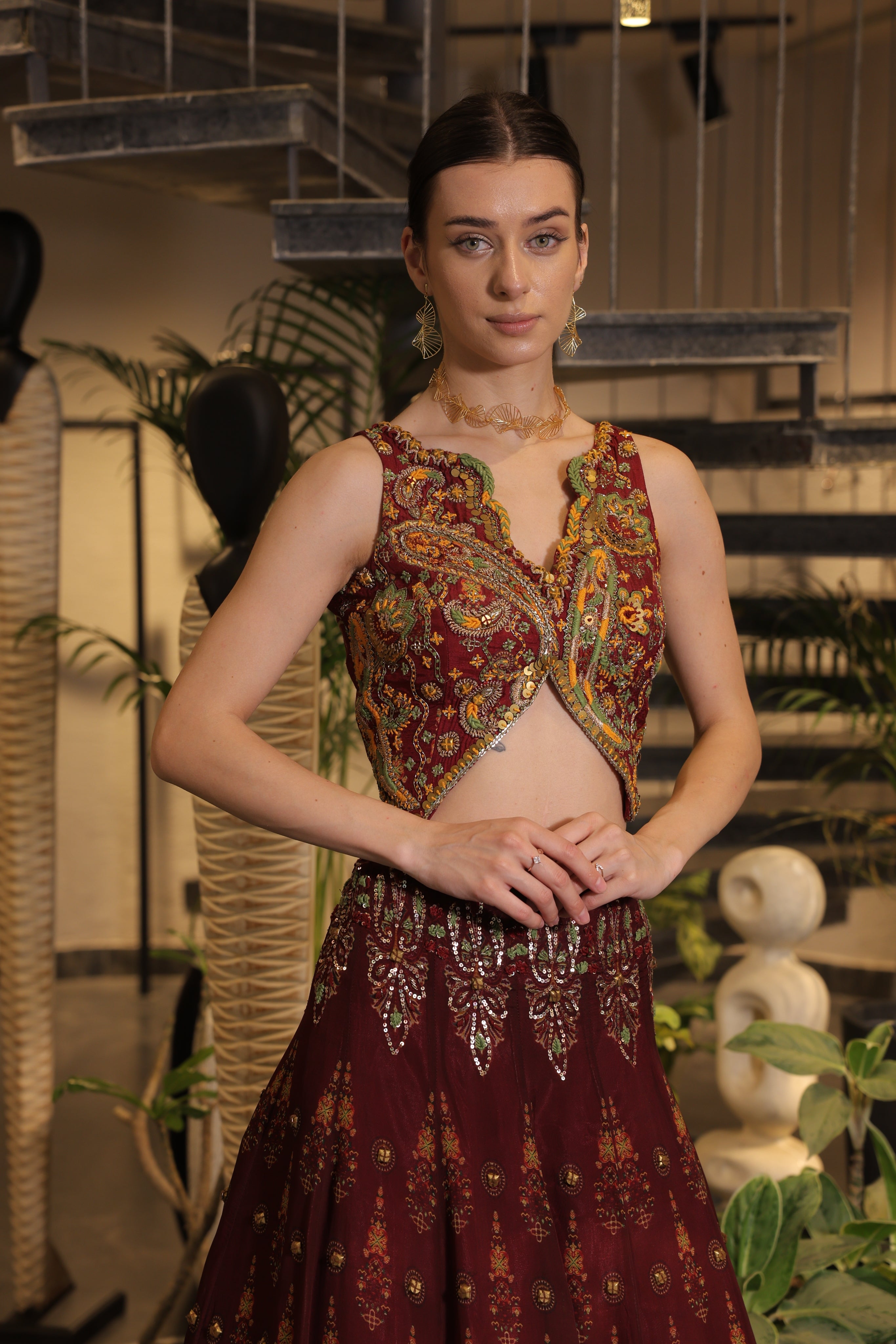Dark vermillion print embroidered Jhankaar lehenga set