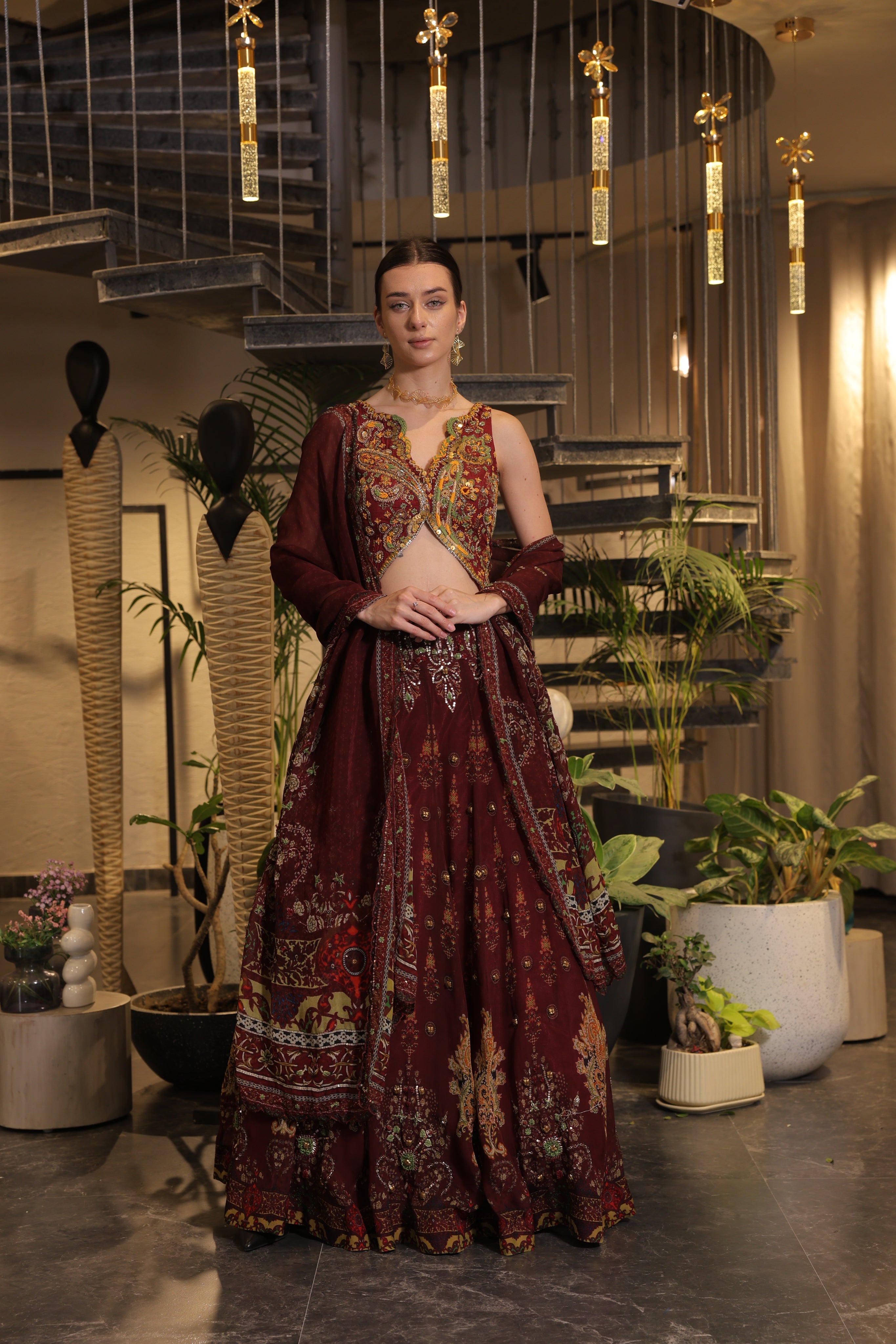 Dark vermillion print embroidered Jhankaar lehenga set