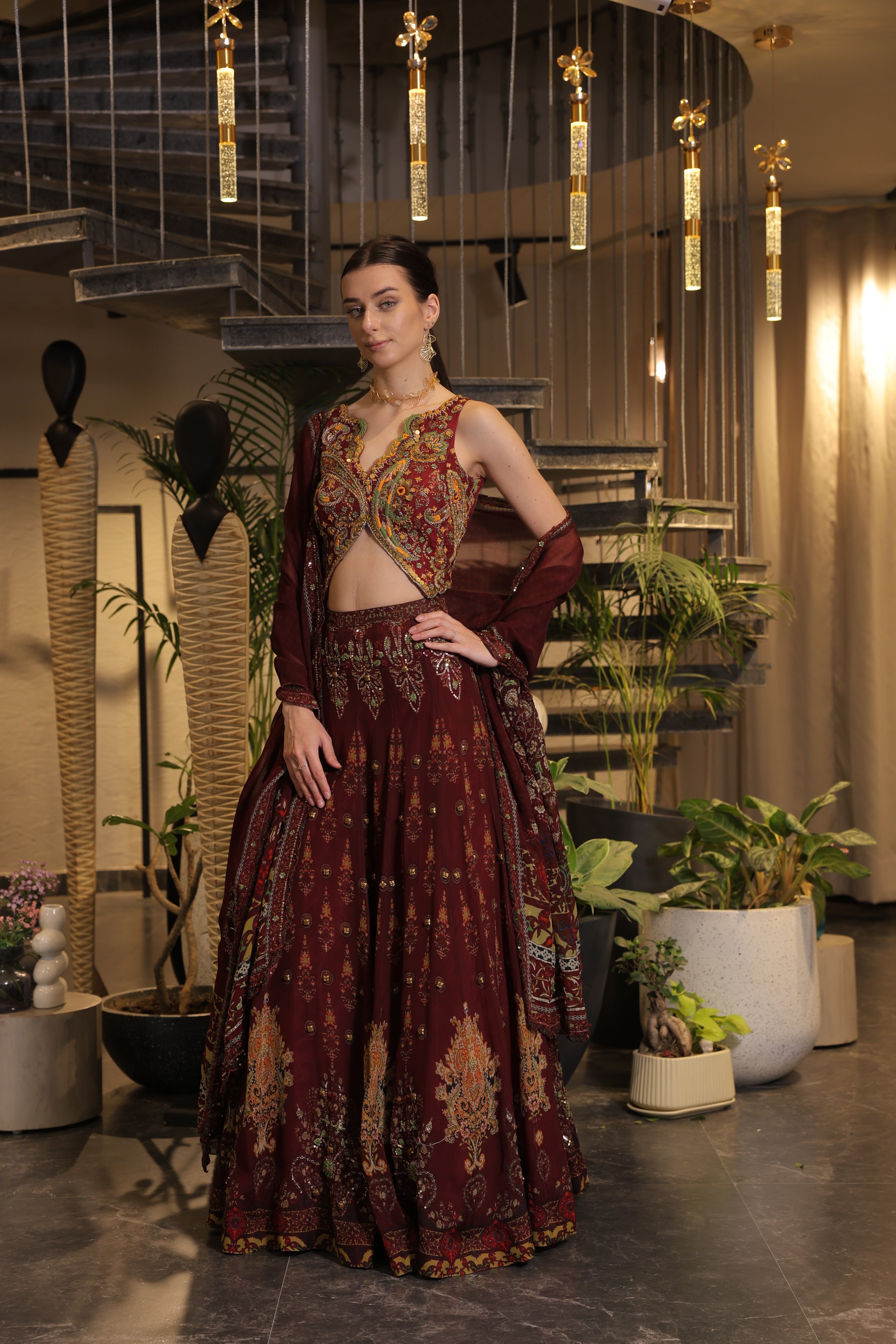 Dark vermillion print embroidered Jhankaar lehenga set