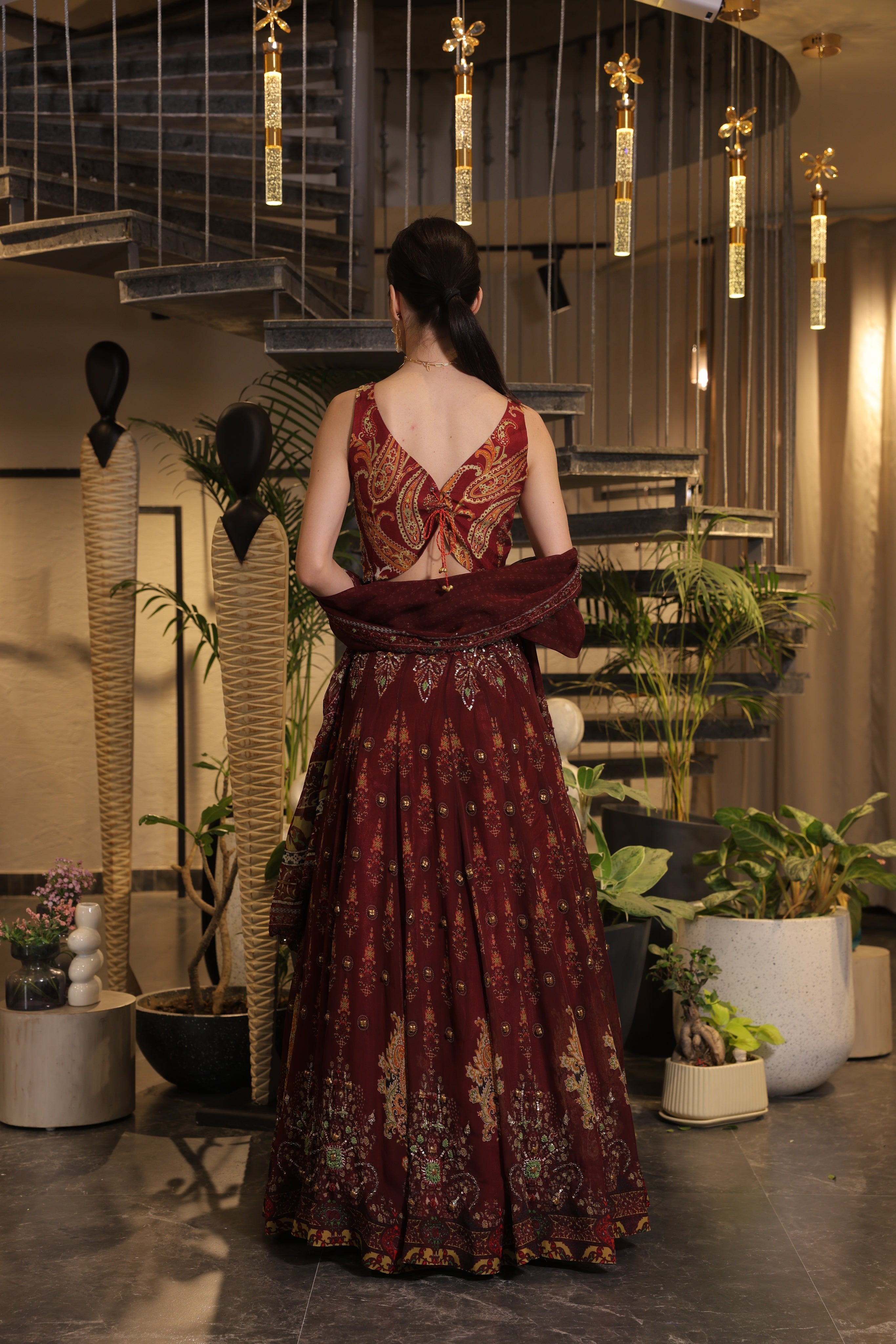 Dark vermillion print embroidered Jhankaar lehenga set