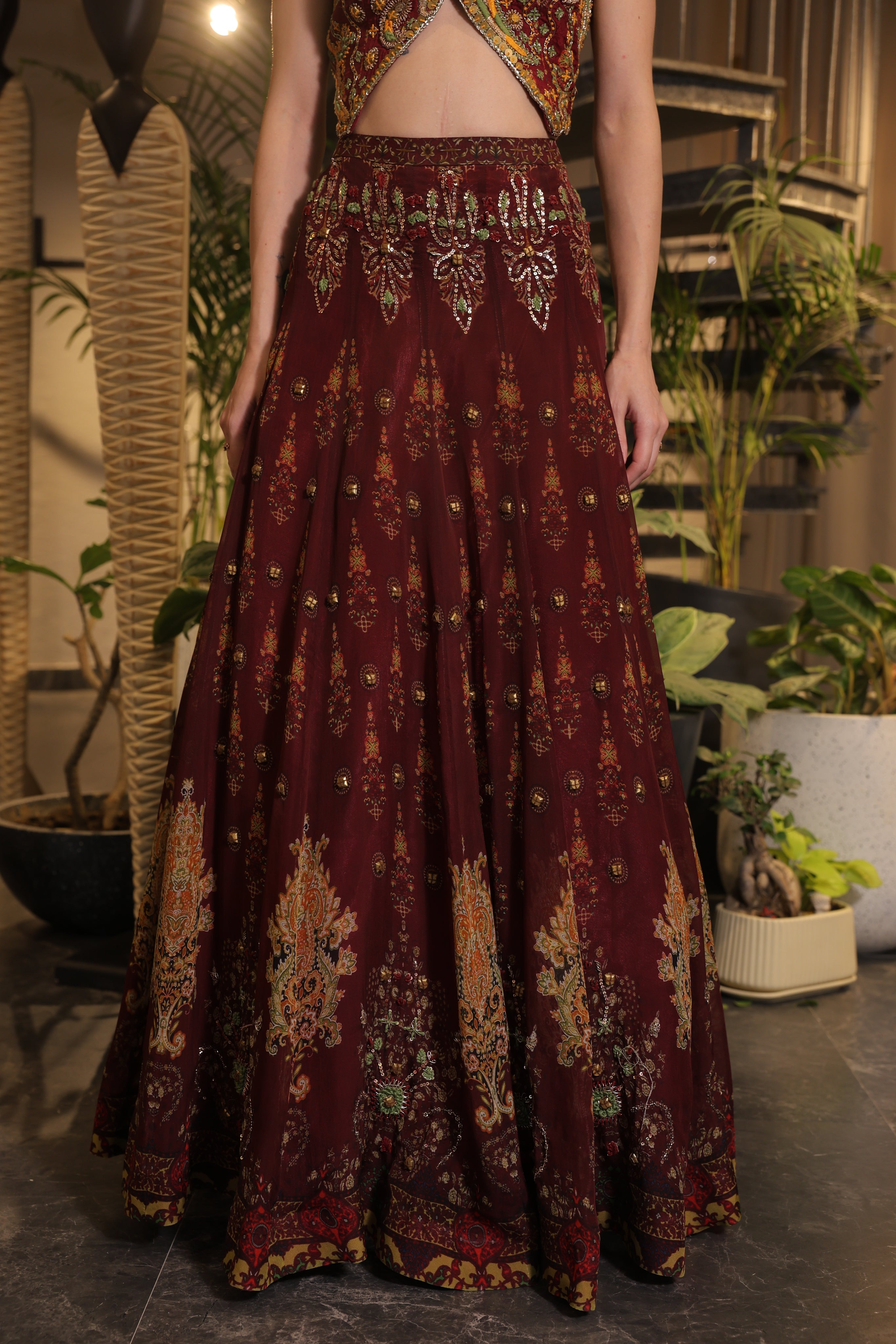 Dark vermillion print embroidered Jhankaar lehenga set