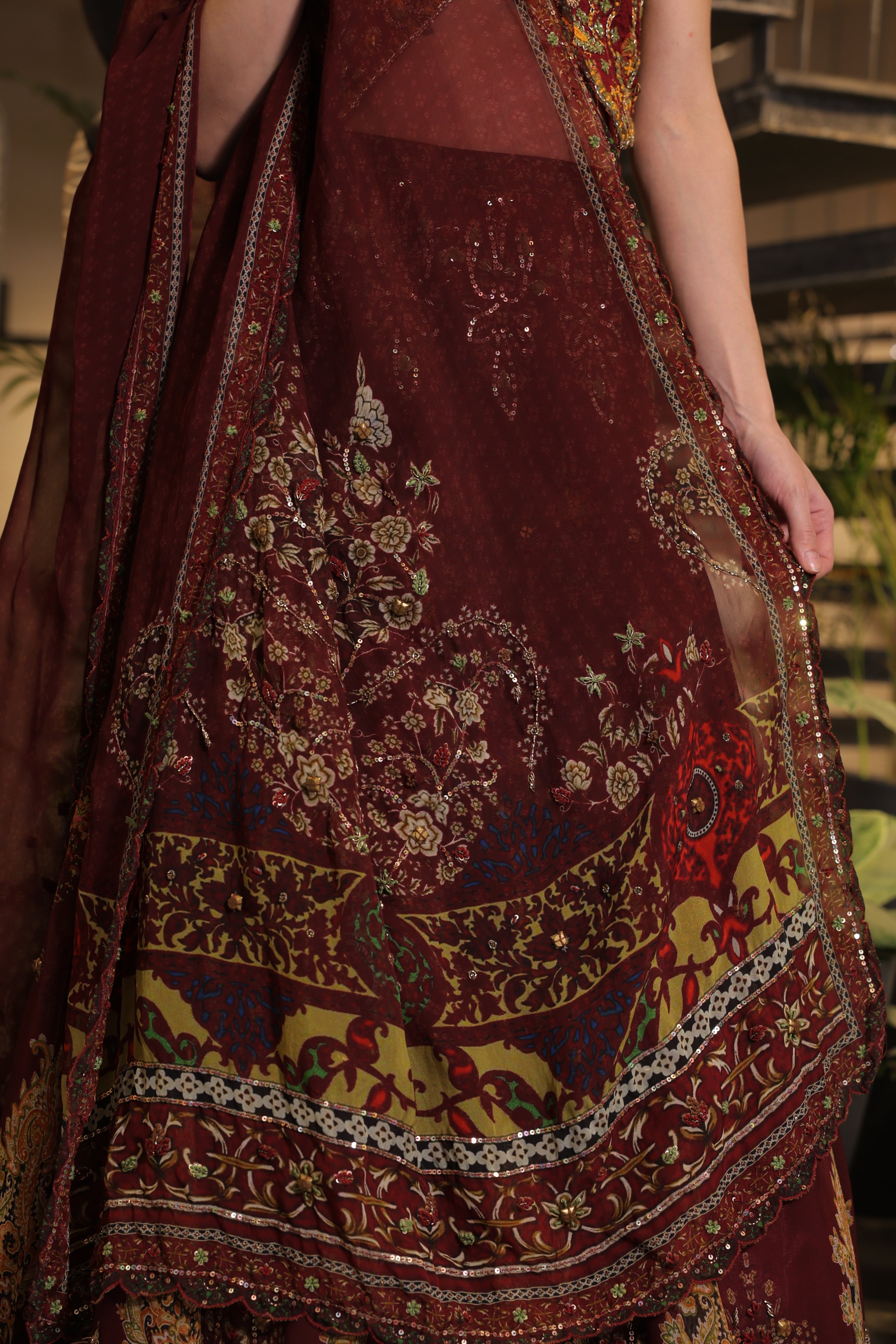 Dark vermillion print embroidered Jhankaar lehenga set