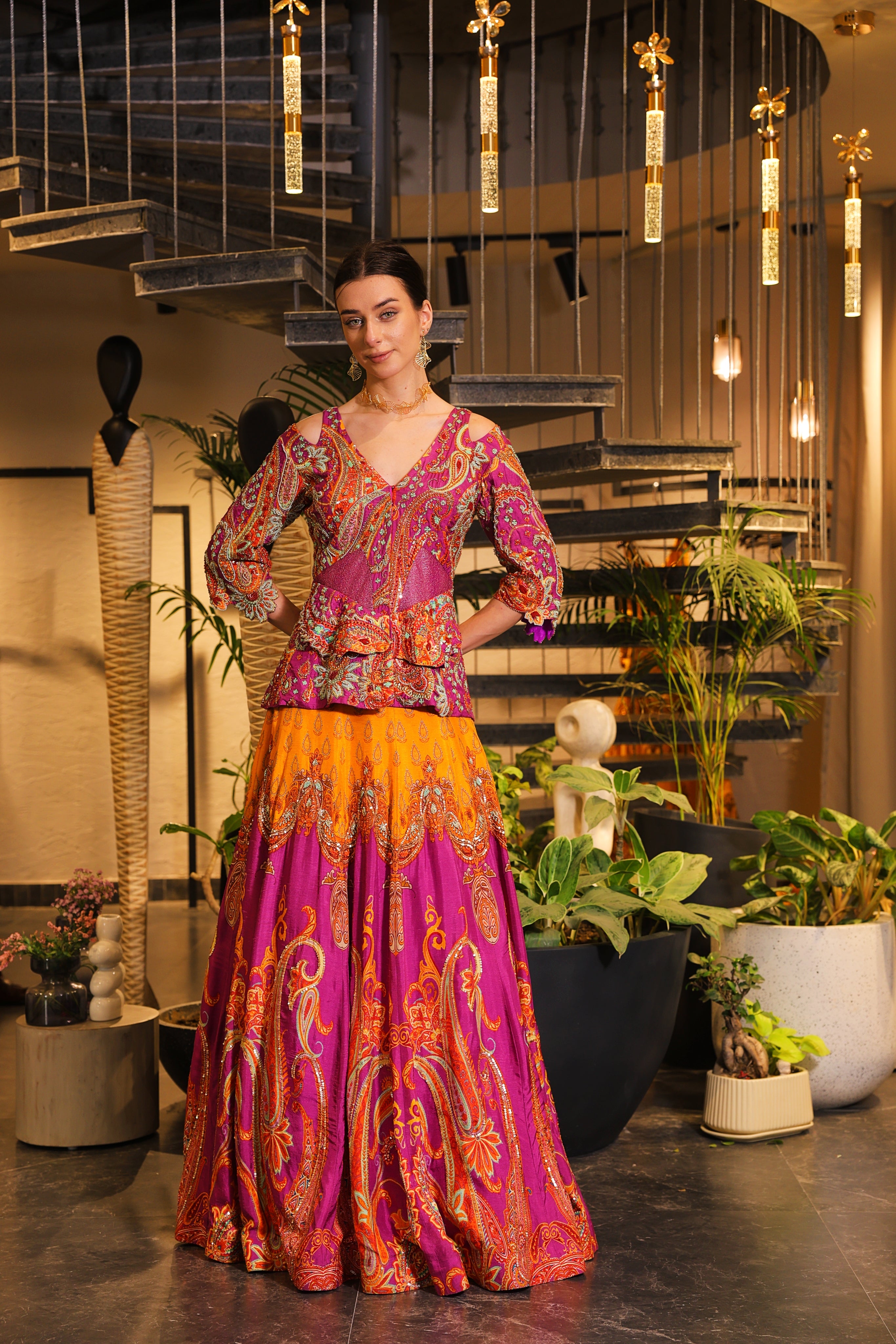 mystic purple and mustard print embroidered Lehenga with peplum bodice
