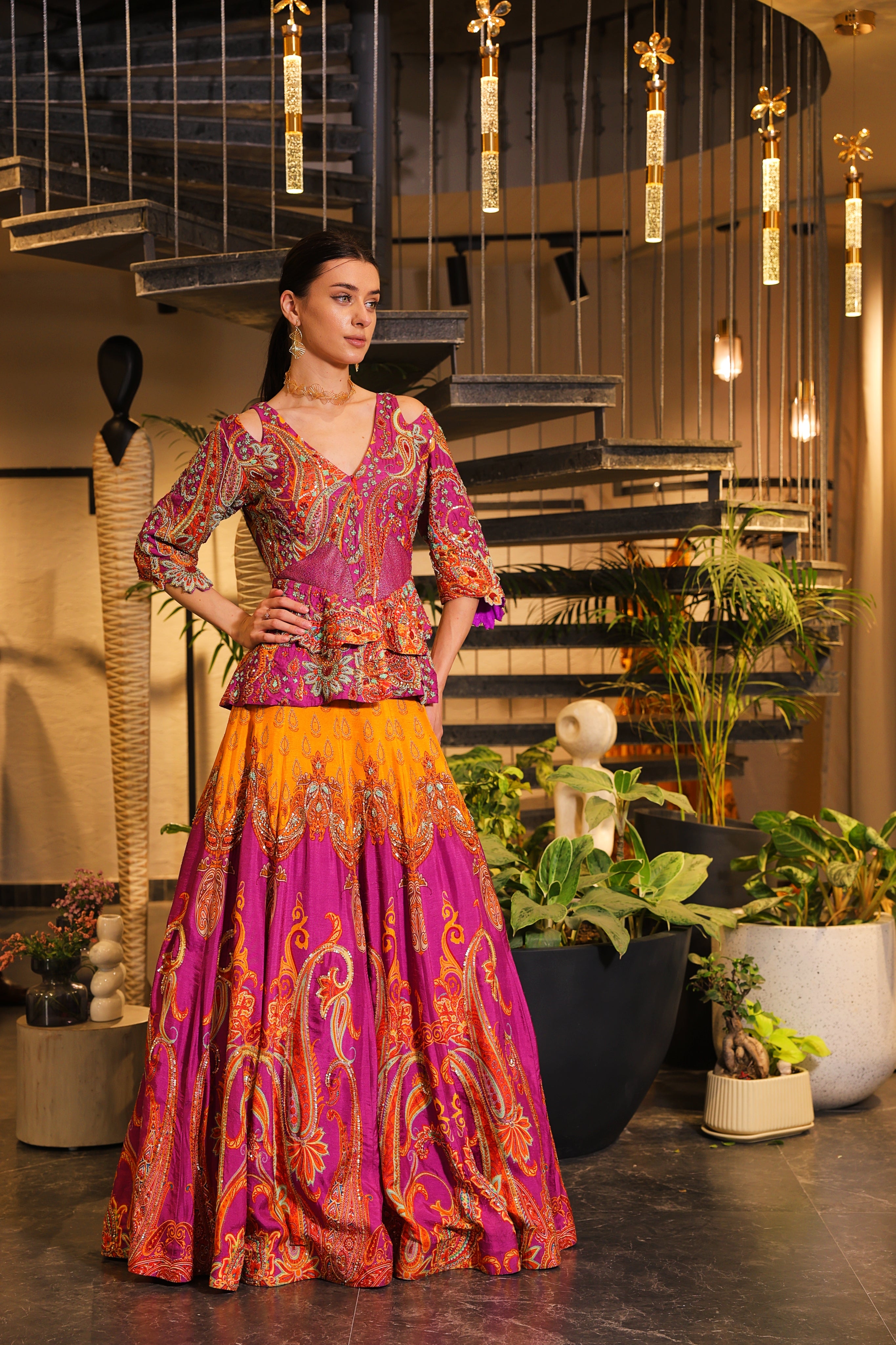 mystic purple and mustard print embroidered Lehenga with peplum bodice