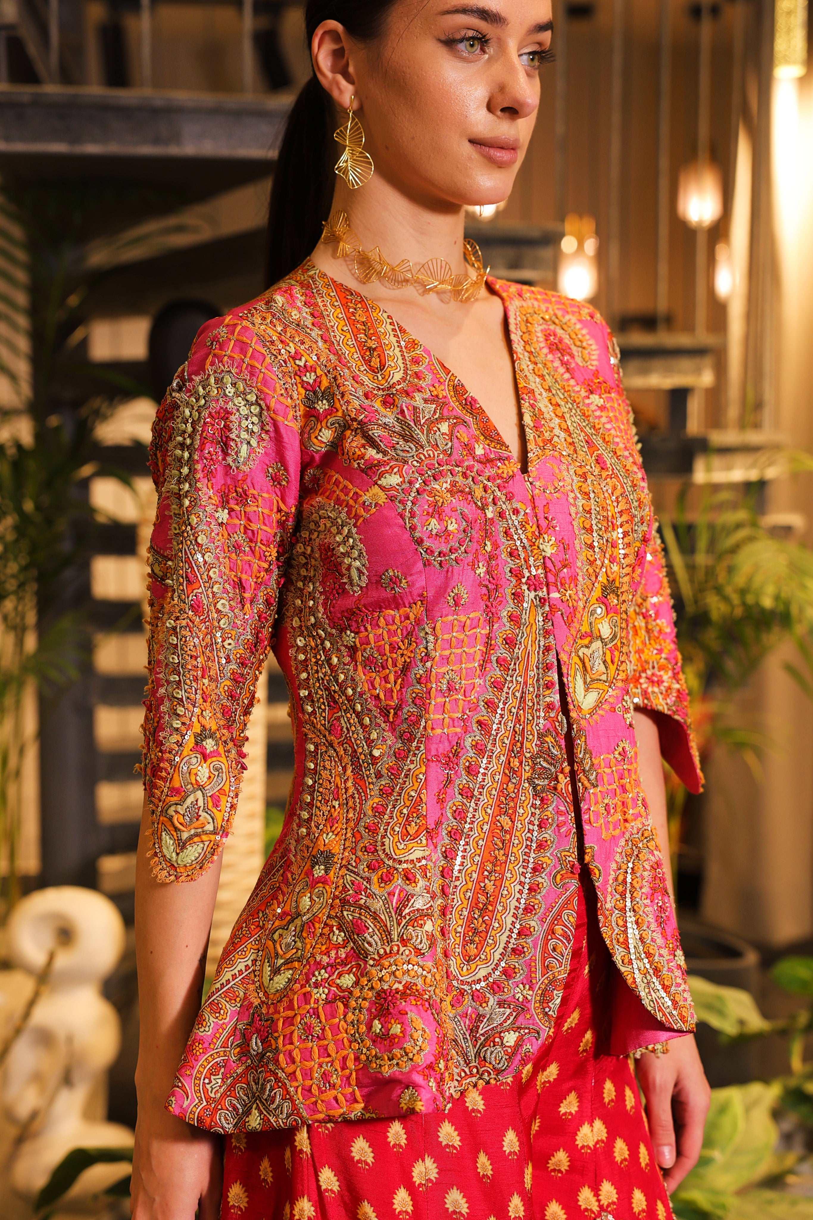 Pink print embroidered Jhankaar sharara pants with peplum cut bodice
