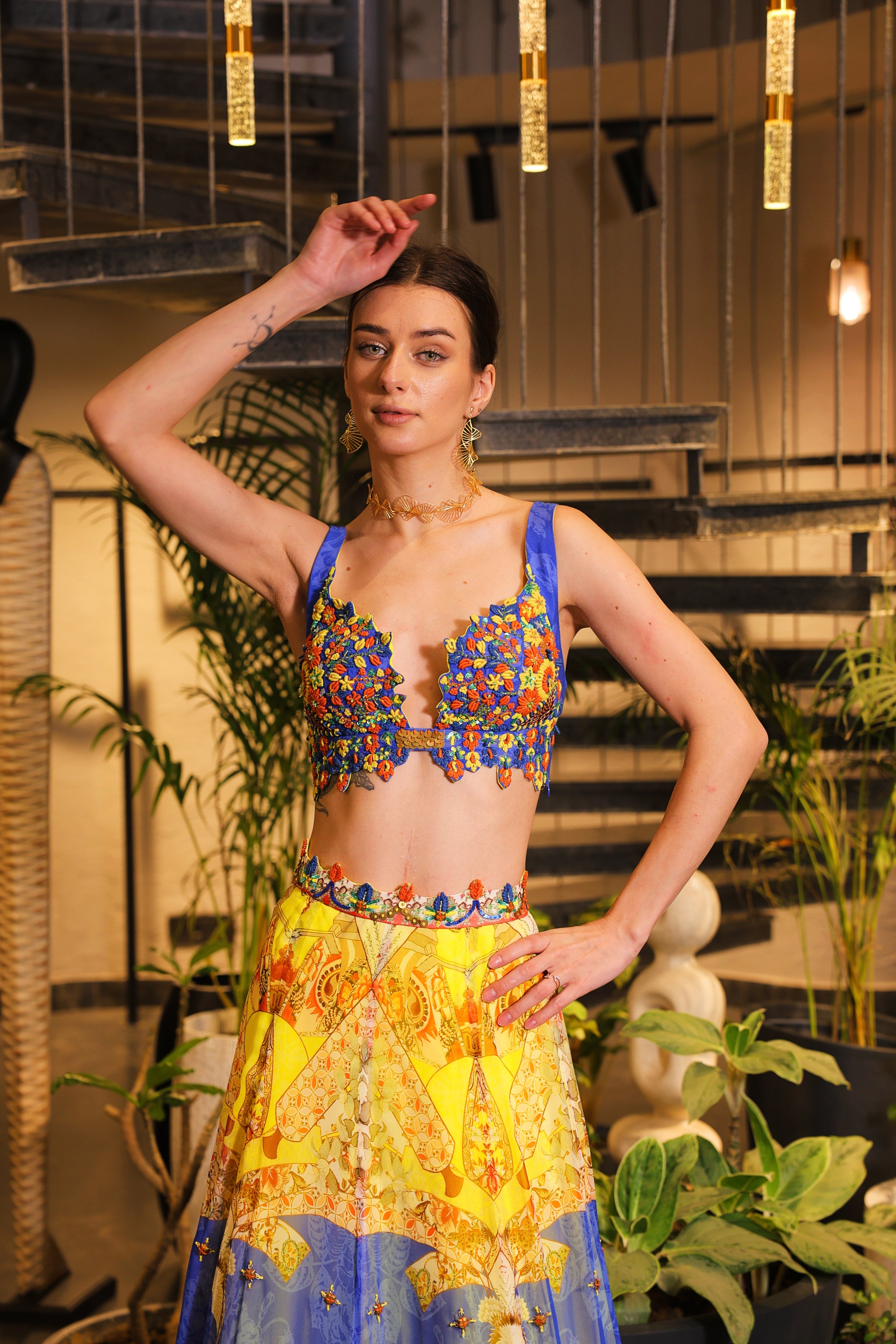 cerulean and lemon print embroidered lehenga set