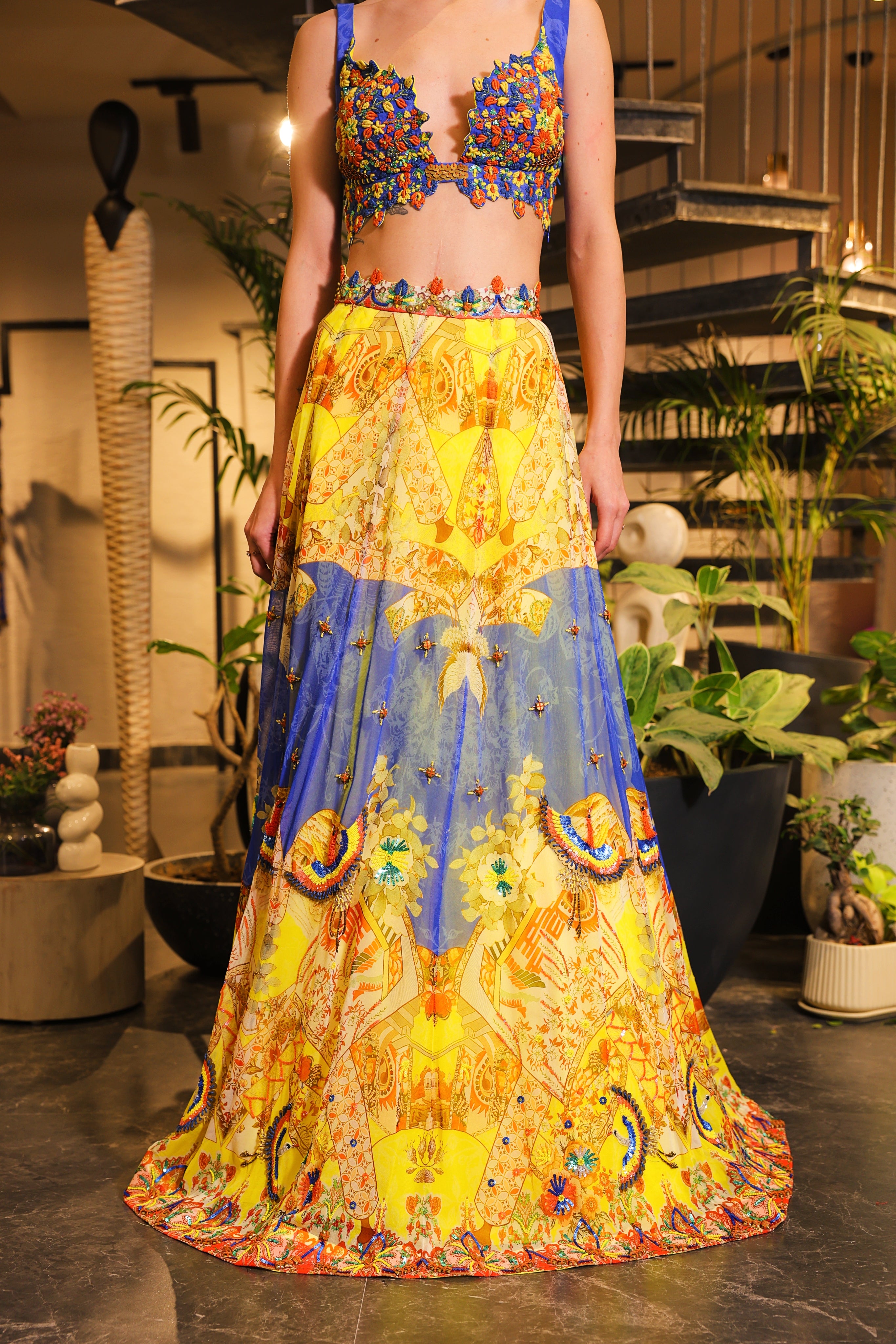 cerulean and lemon print embroidered lehenga set