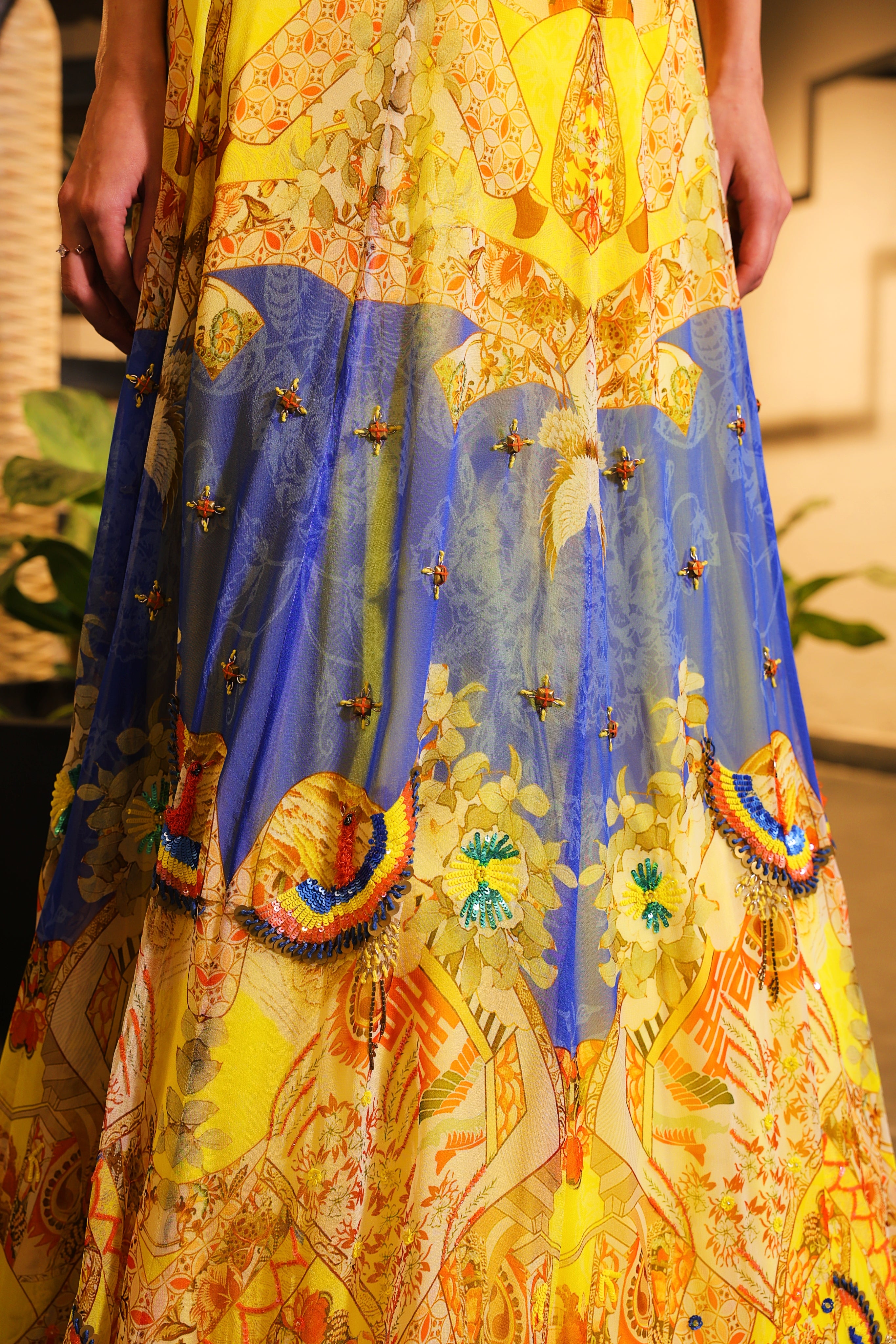 cerulean and lemon print embroidered lehenga set