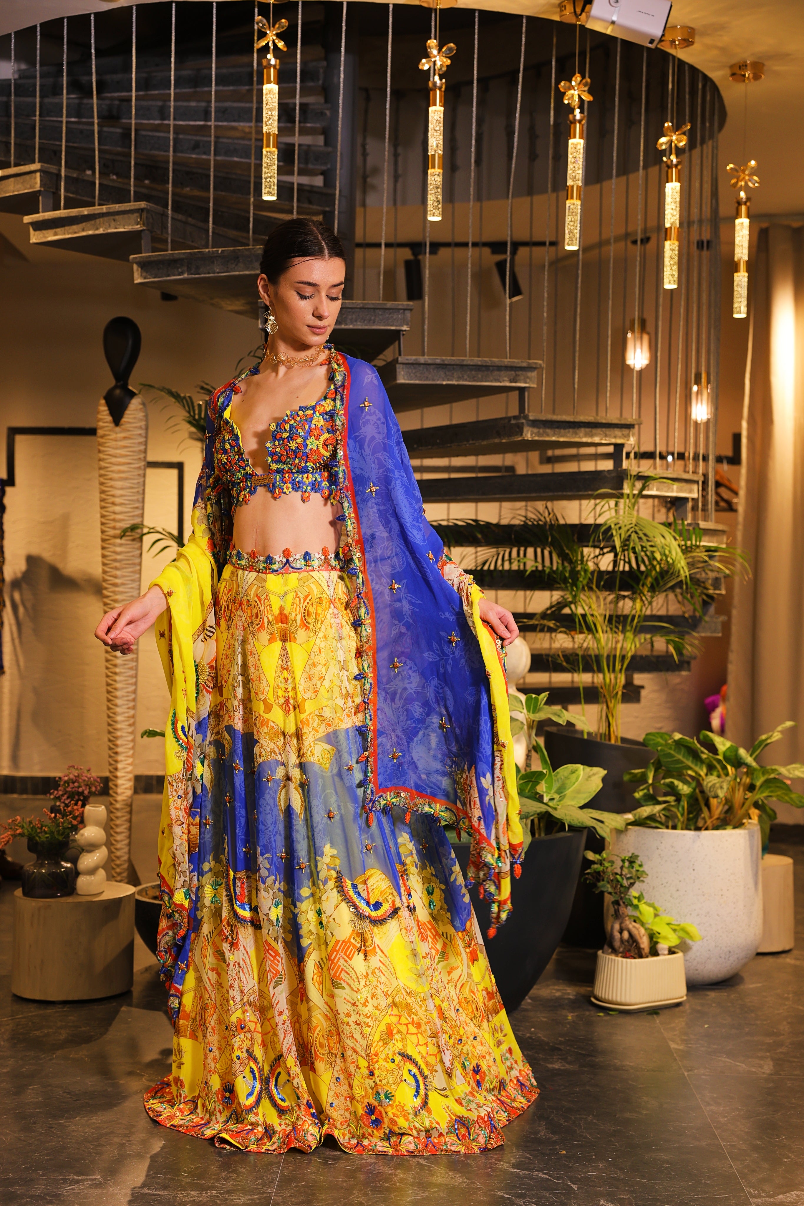 cerulean and lemon print embroidered lehenga set