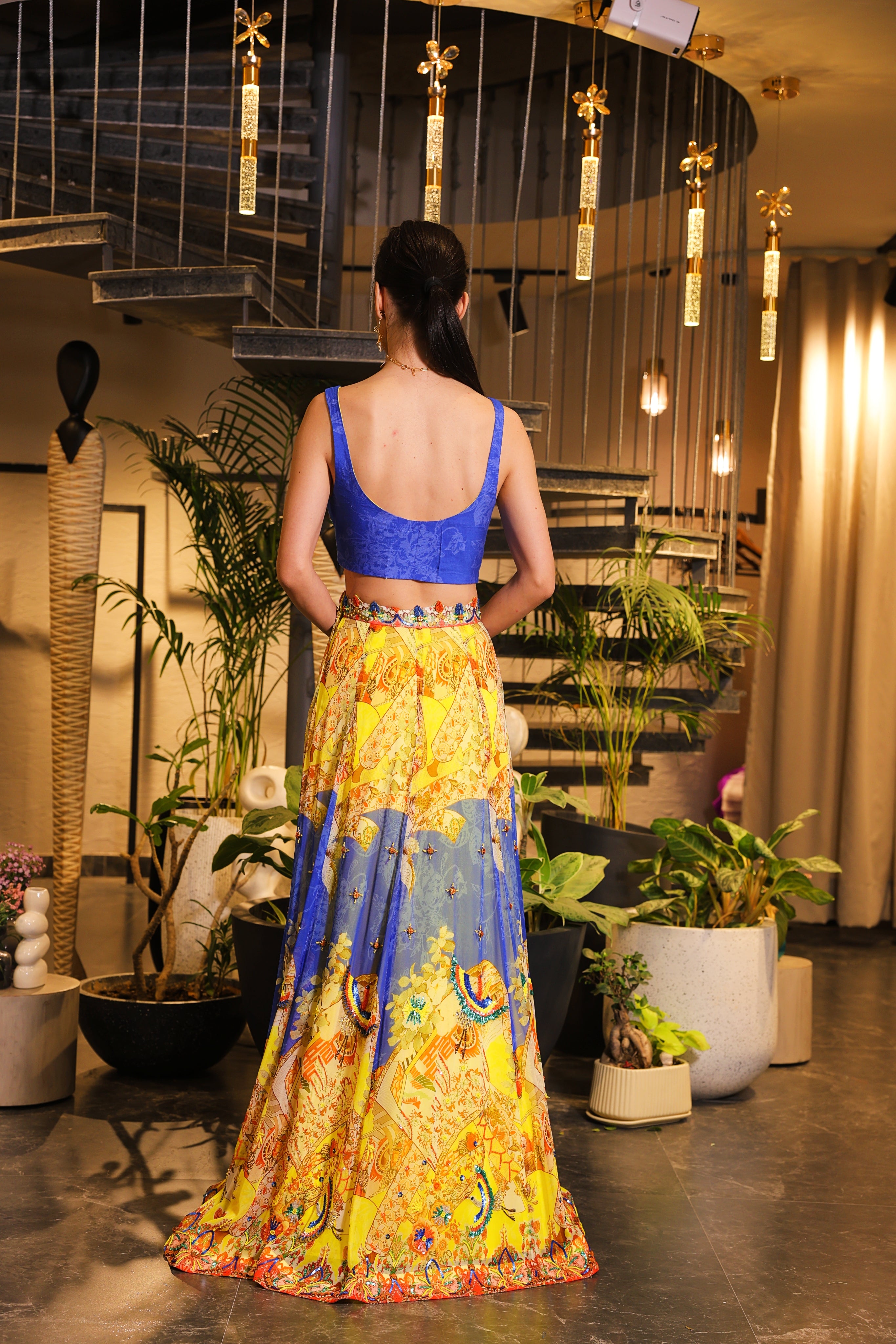 cerulean and lemon print embroidered lehenga set