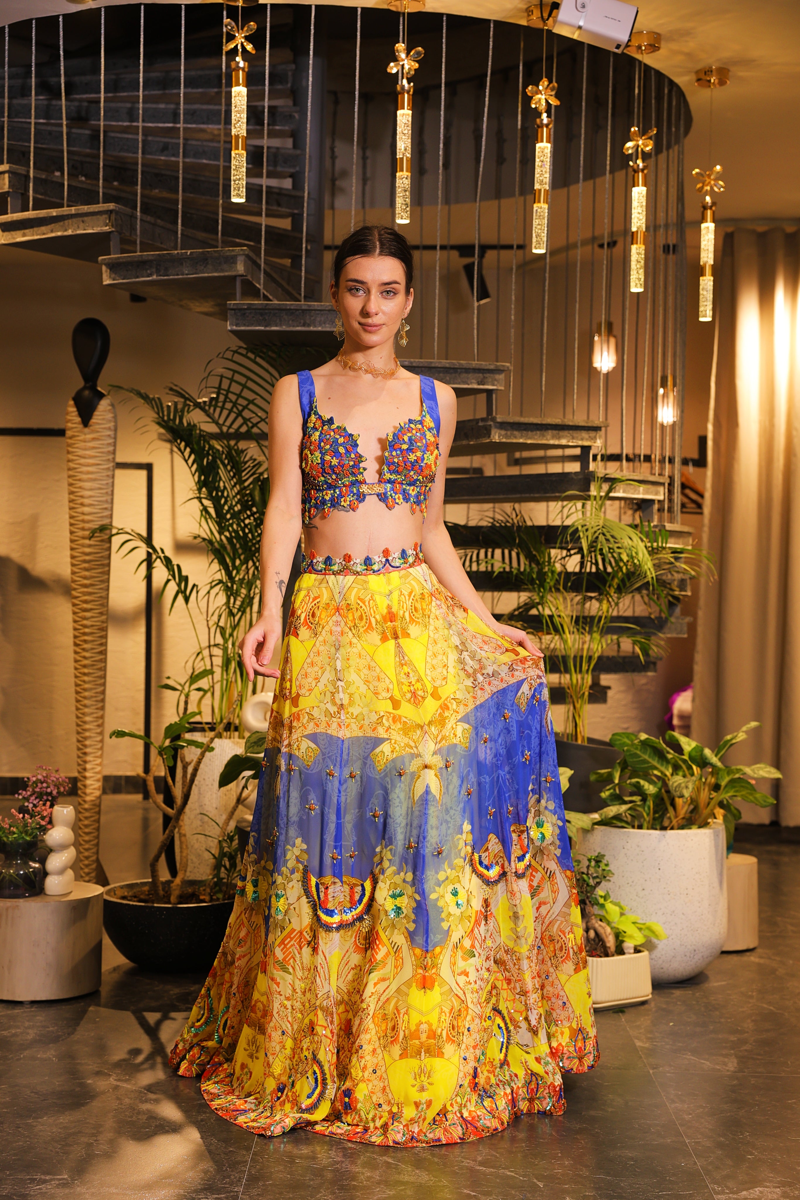 cerulean and lemon print embroidered lehenga set