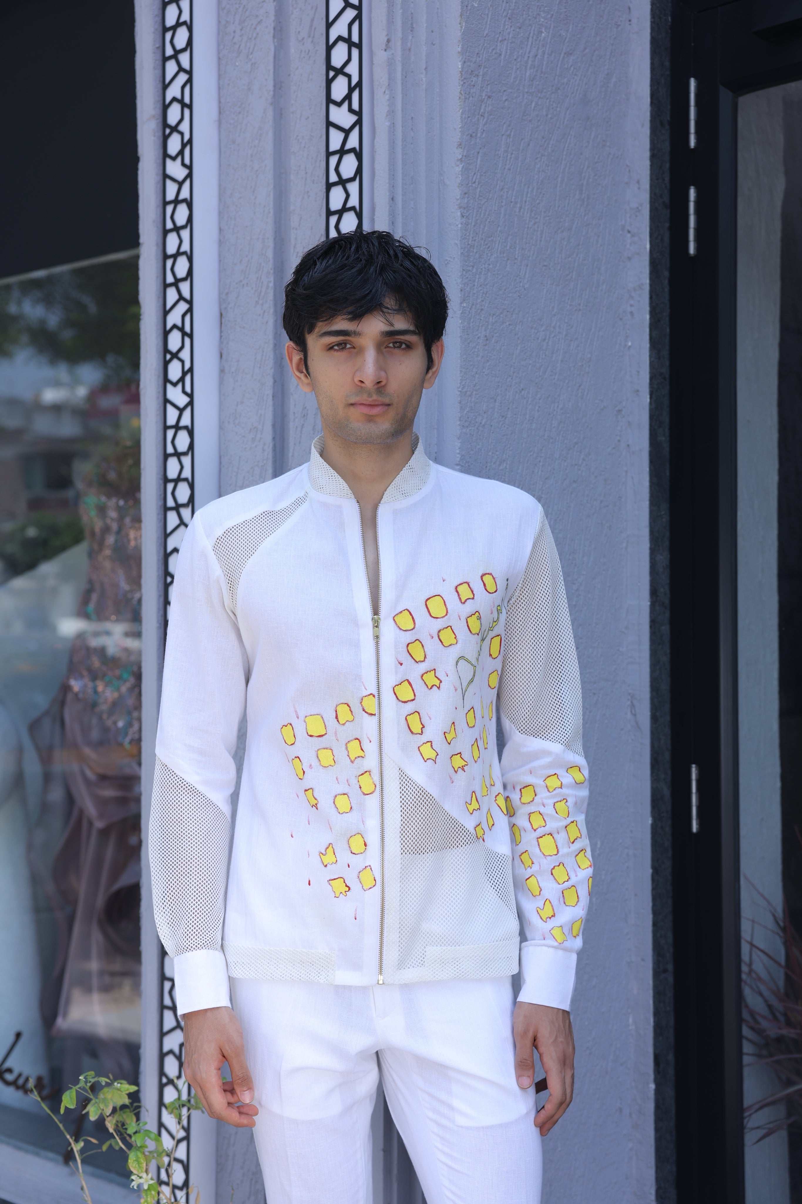 White hand painted bomber shirt