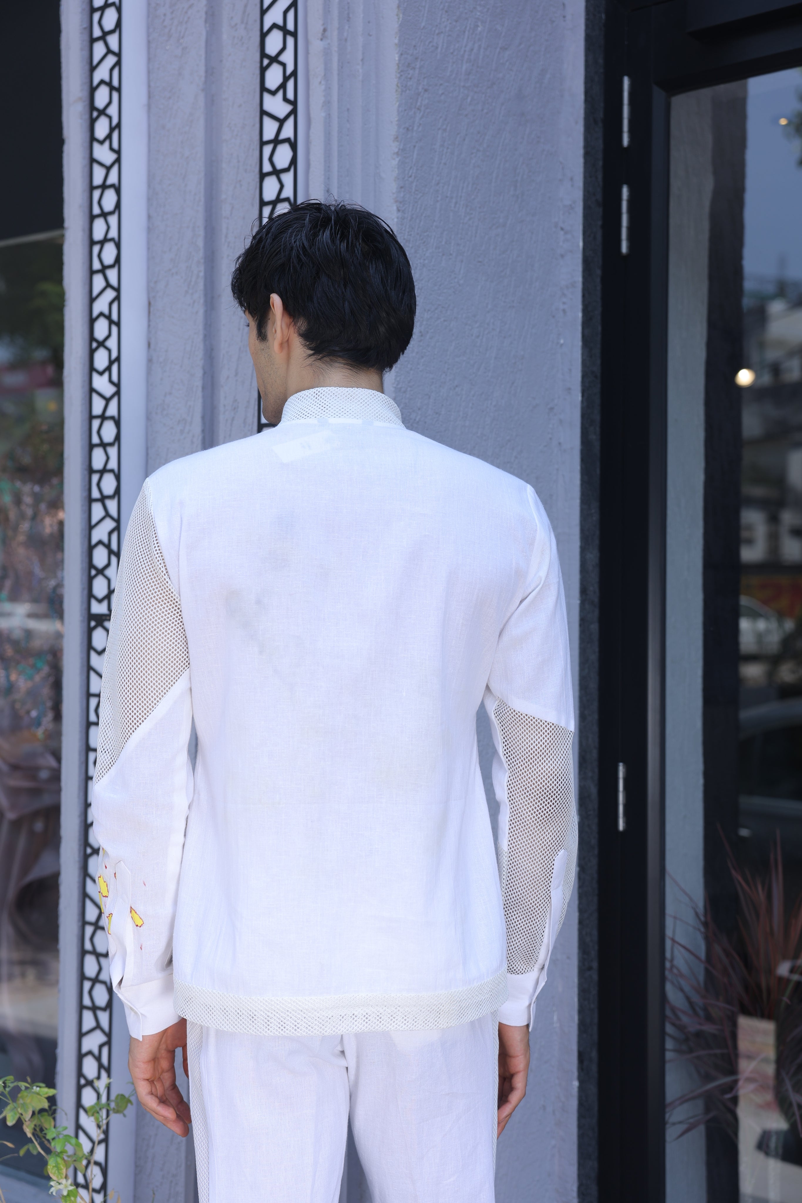 White hand painted bomber shirt