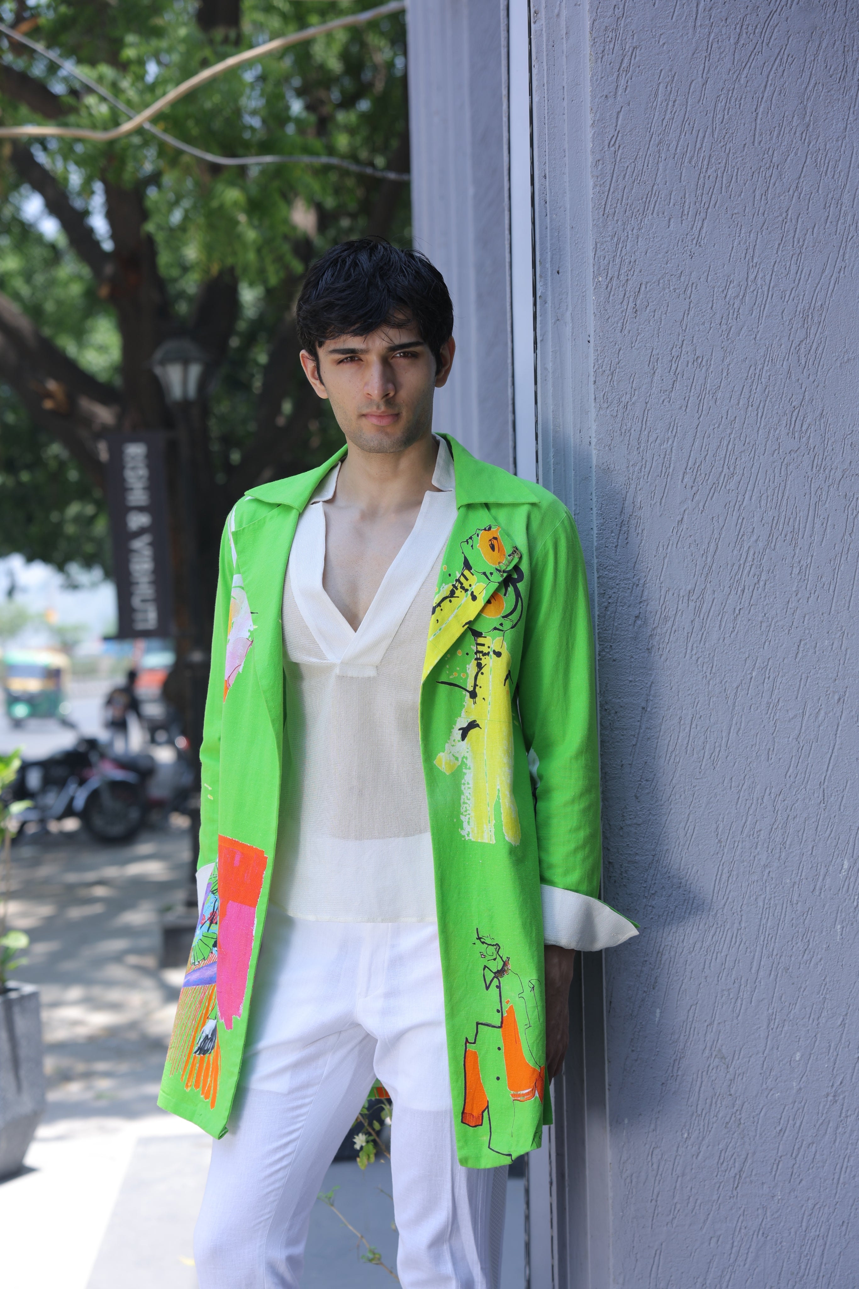 Parrot green hand painted overlay with shirt and pants