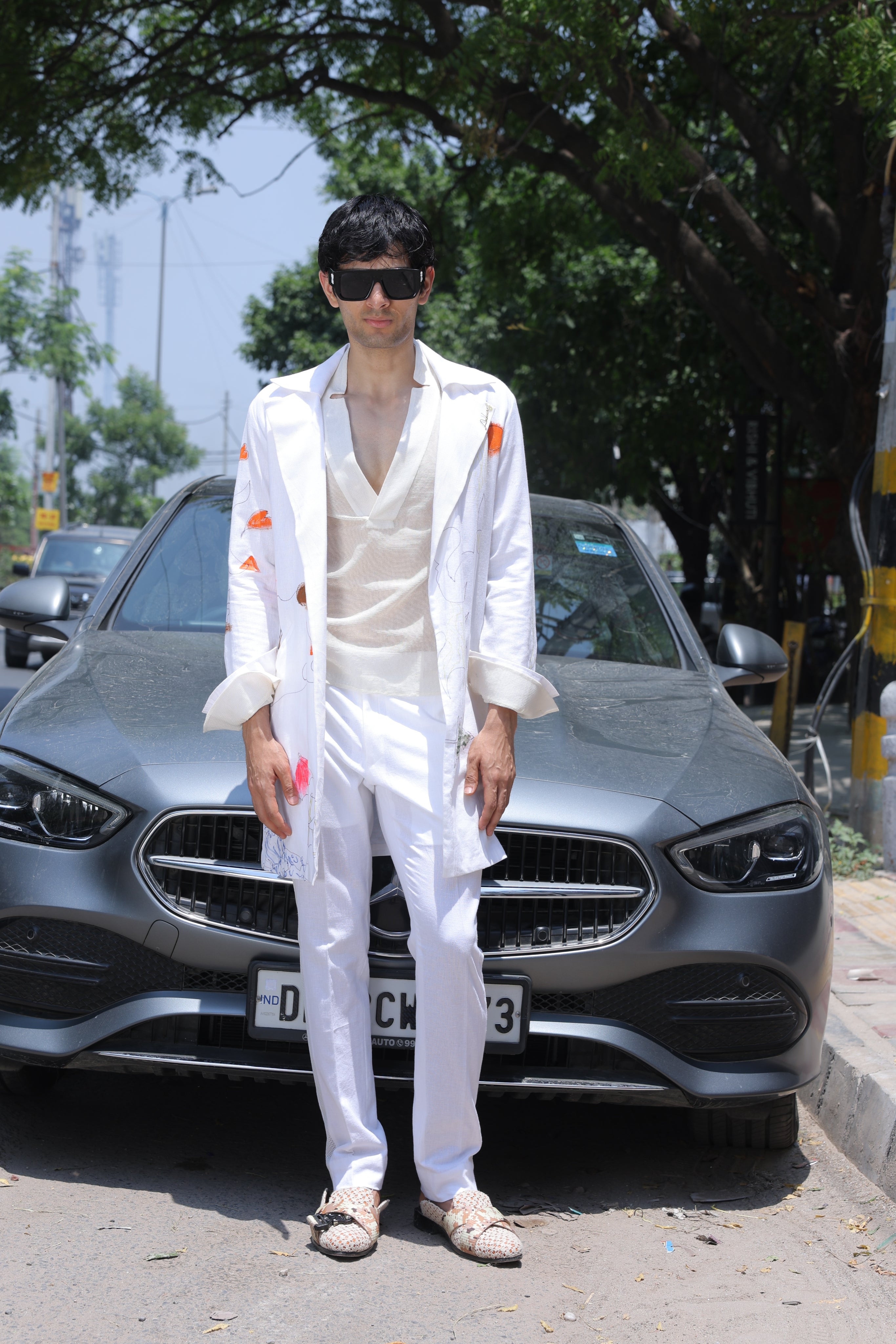 White hand painted overlay with shirt and pants