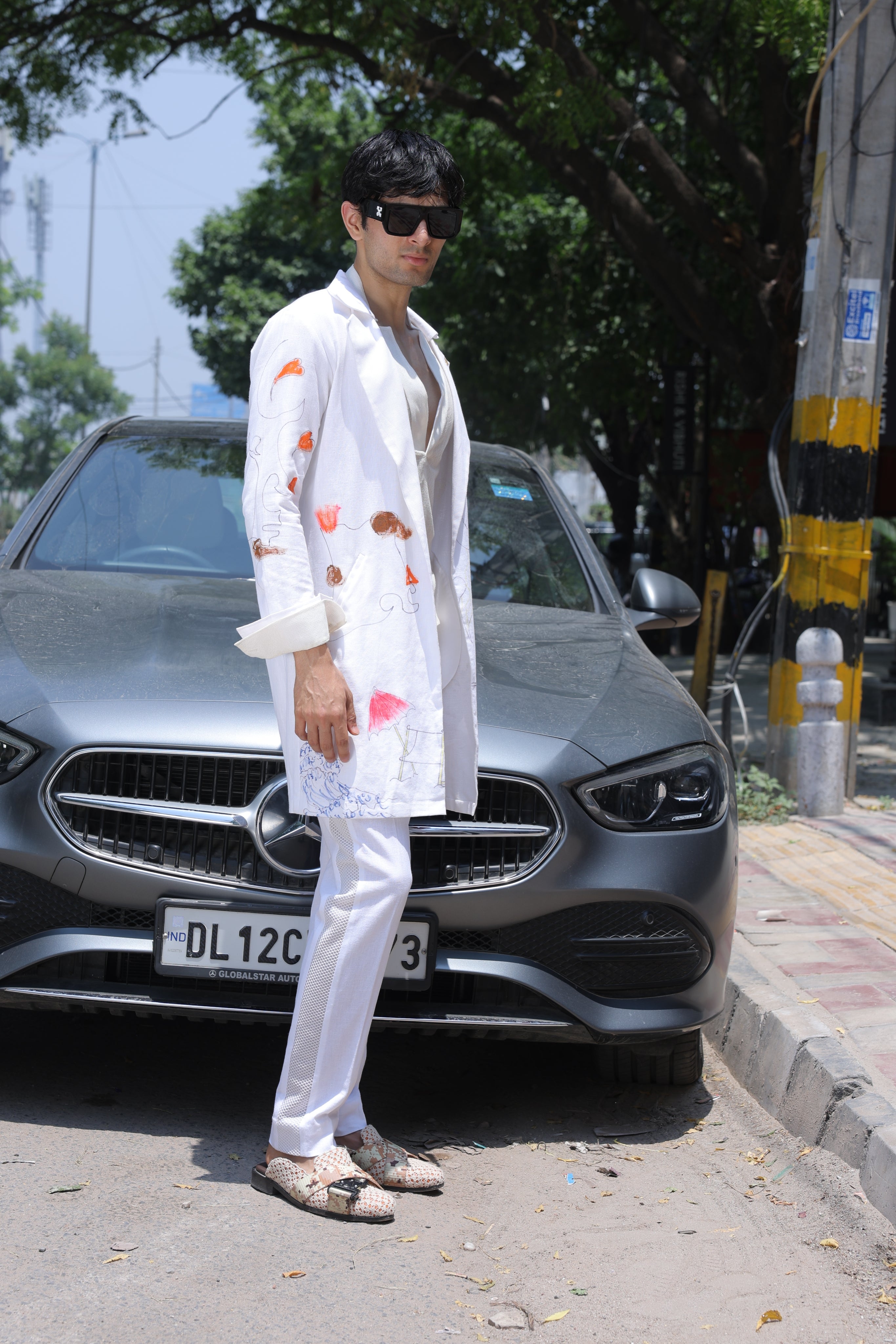 White hand painted overlay with shirt and pants