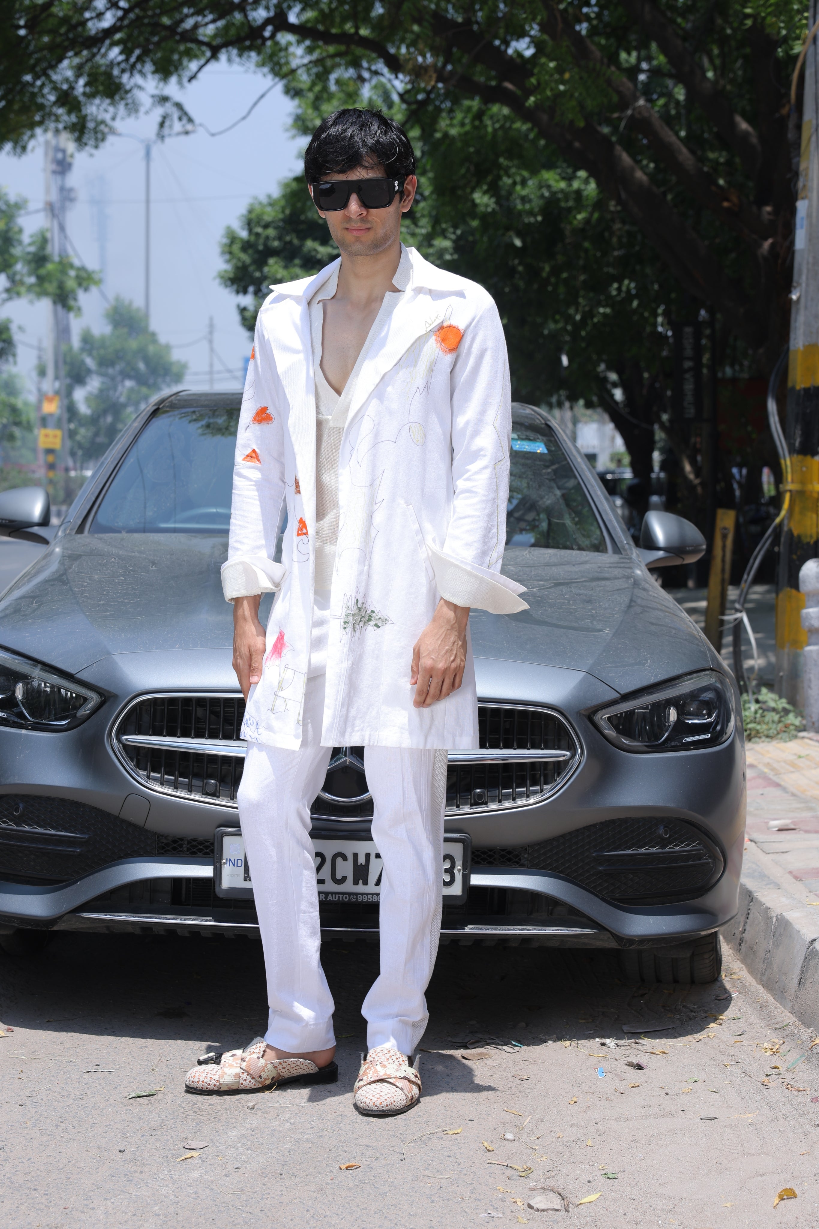 White hand painted overlay with shirt and pants