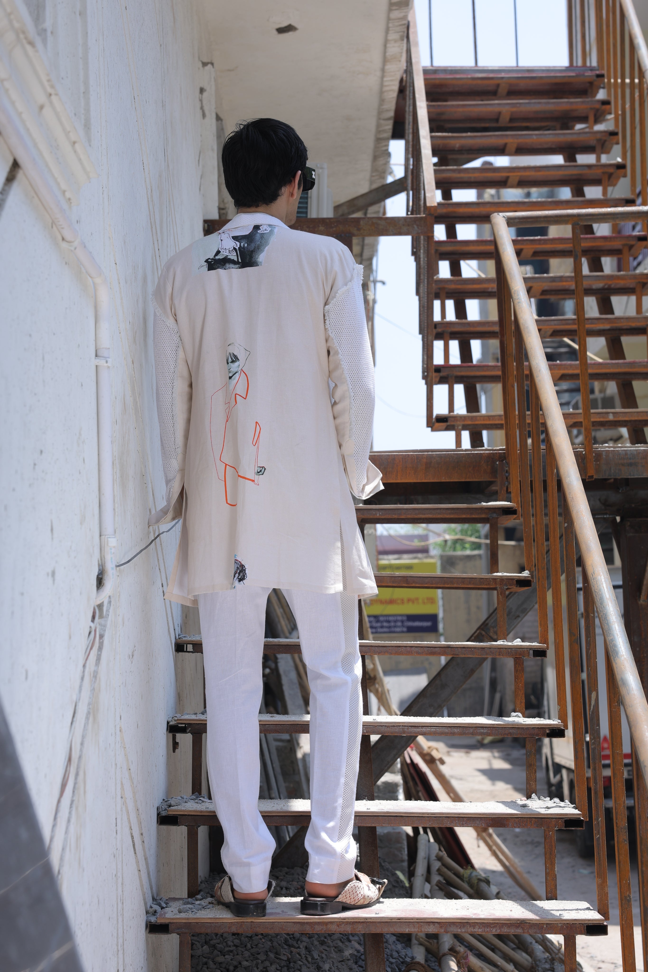 Off white hand painted overlay with shirt and pants
