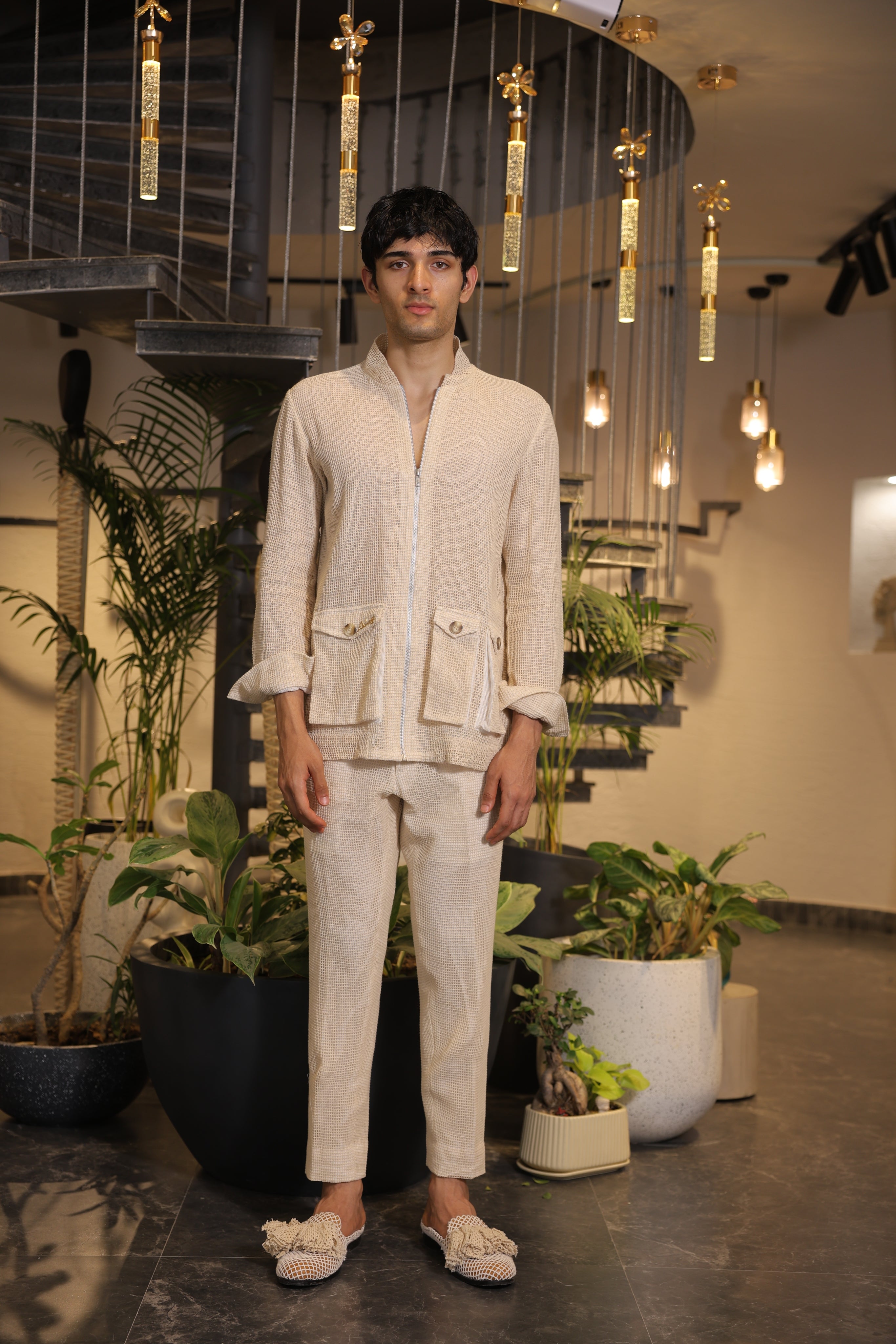 Beige crochet bomber shirt with pockets