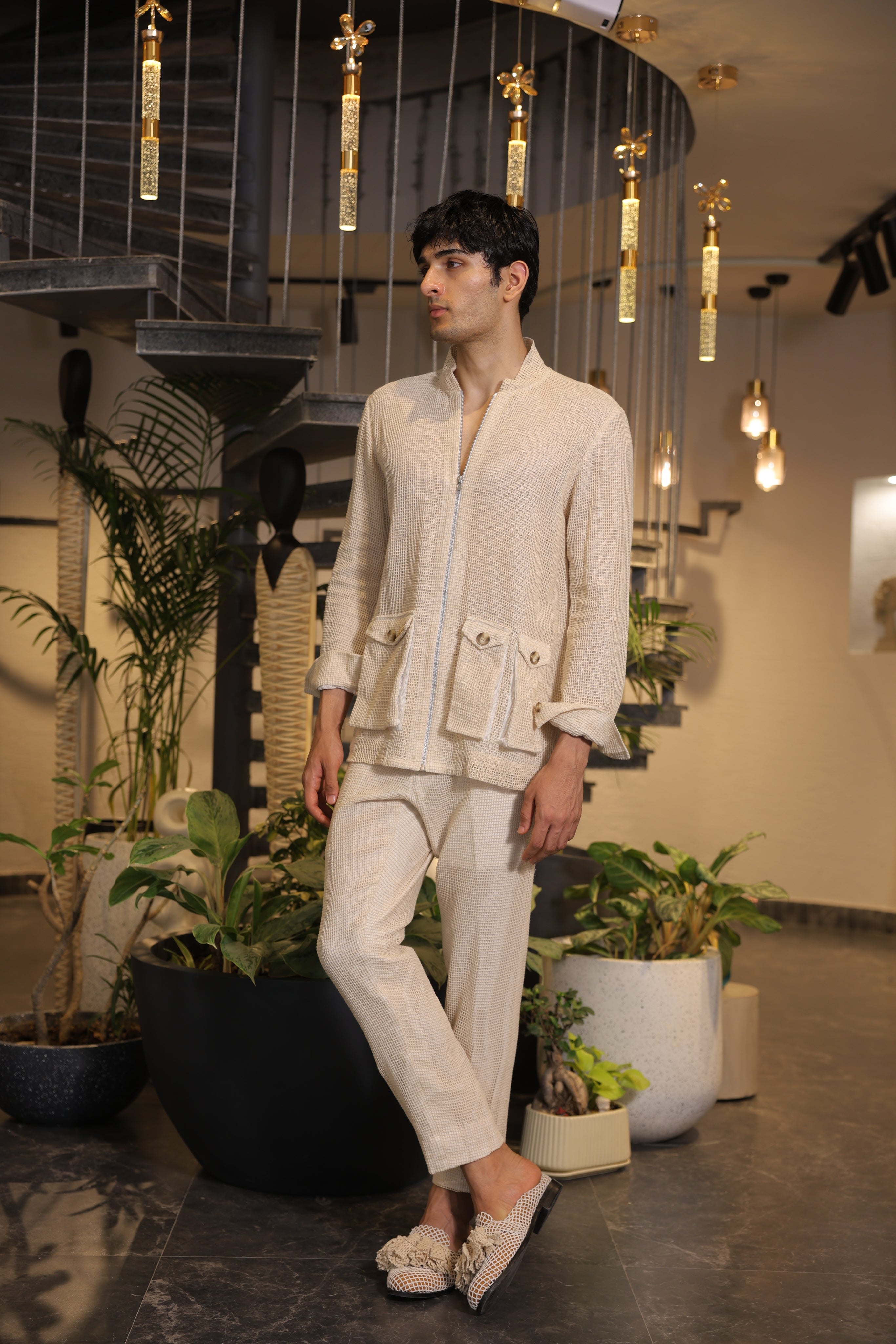 Beige crochet bomber shirt with pockets