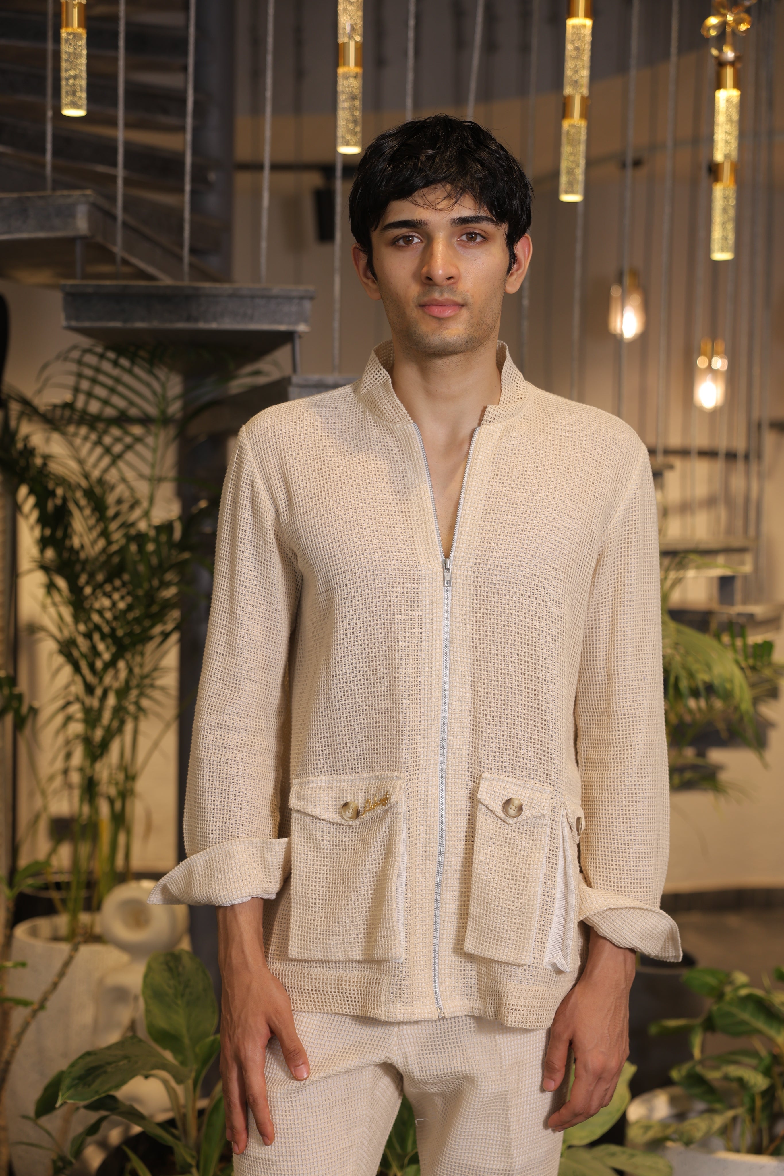 Beige crochet bomber shirt with pockets