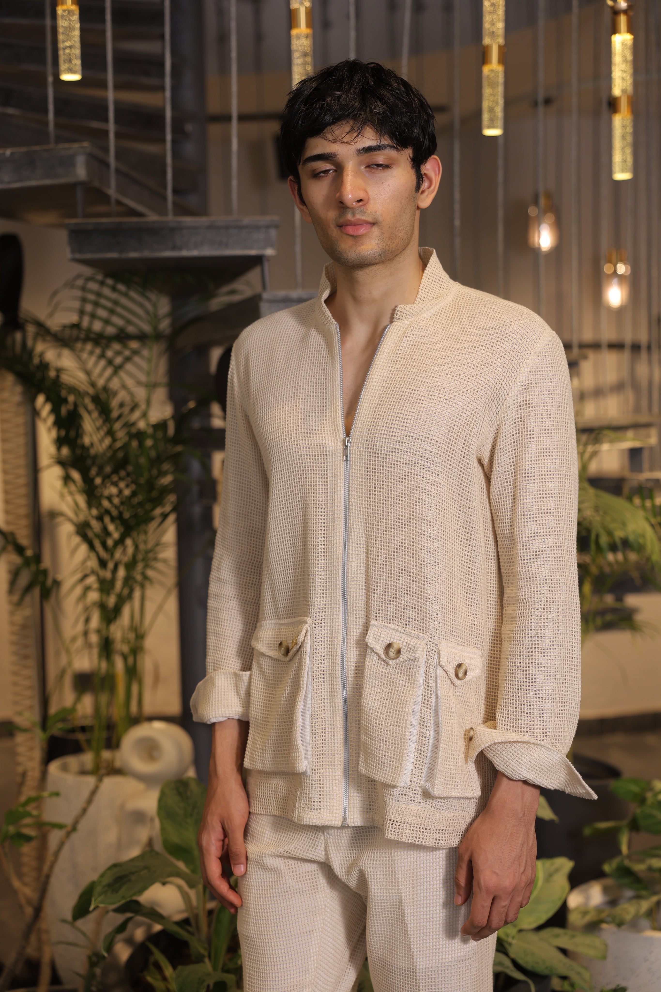 Beige crochet bomber shirt with pockets