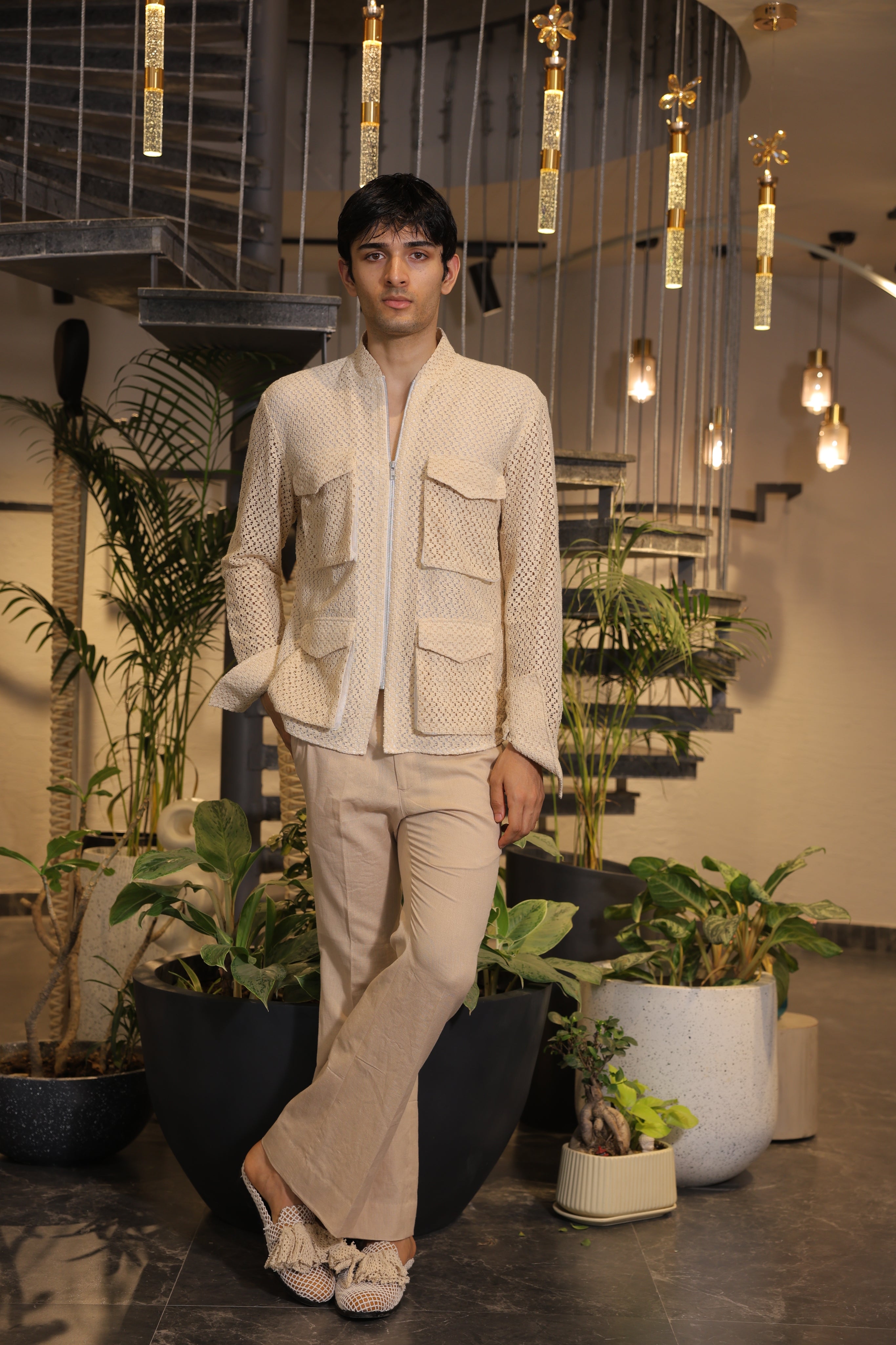 Beige crochet double pockets bomber shirt
