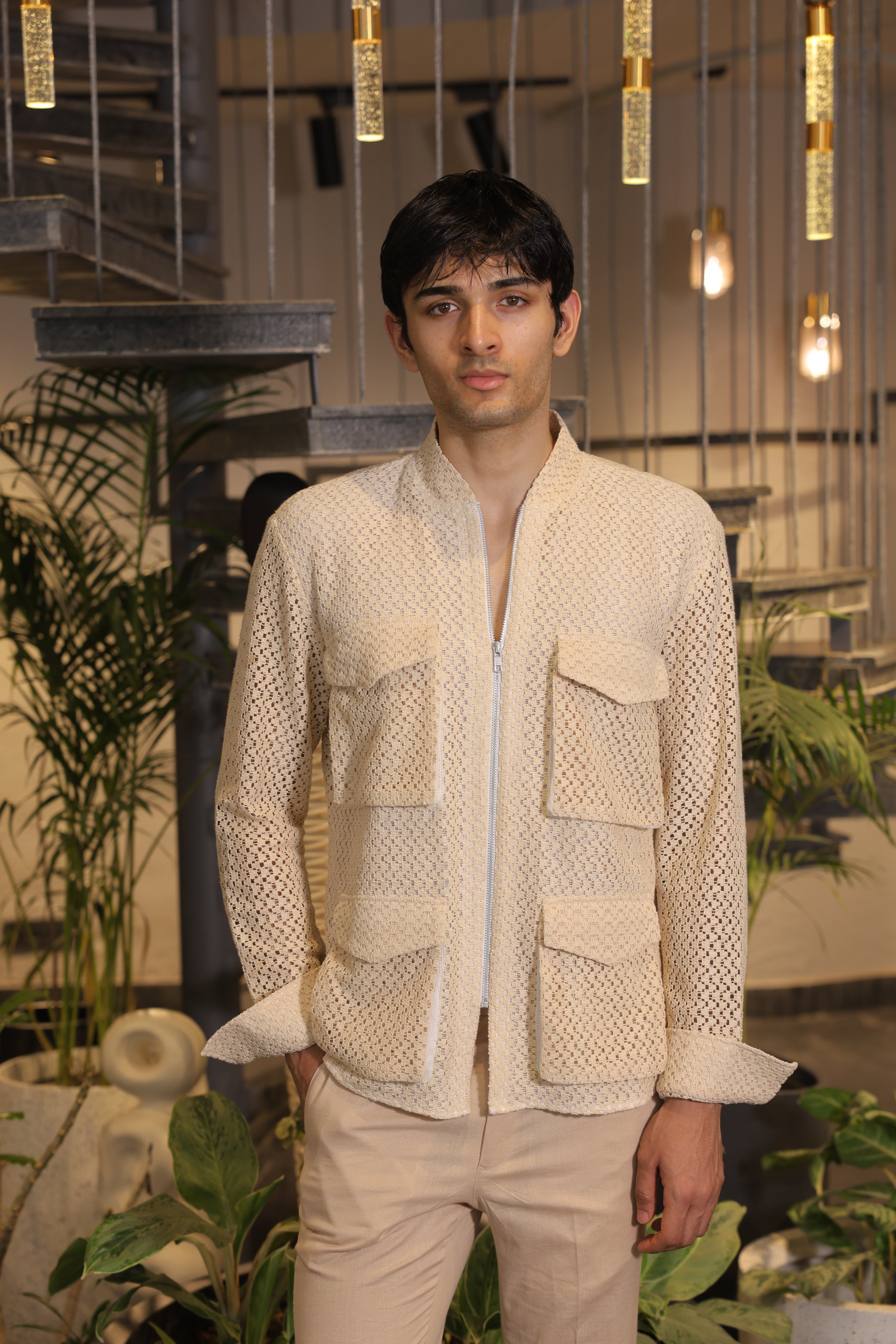 Beige crochet double pockets bomber shirt